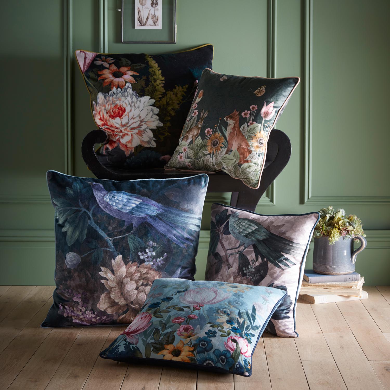 The Home Luyxury Collection Canterbury Printed Velvet Piped Cushion - Blue 2 Shaws Department Stores