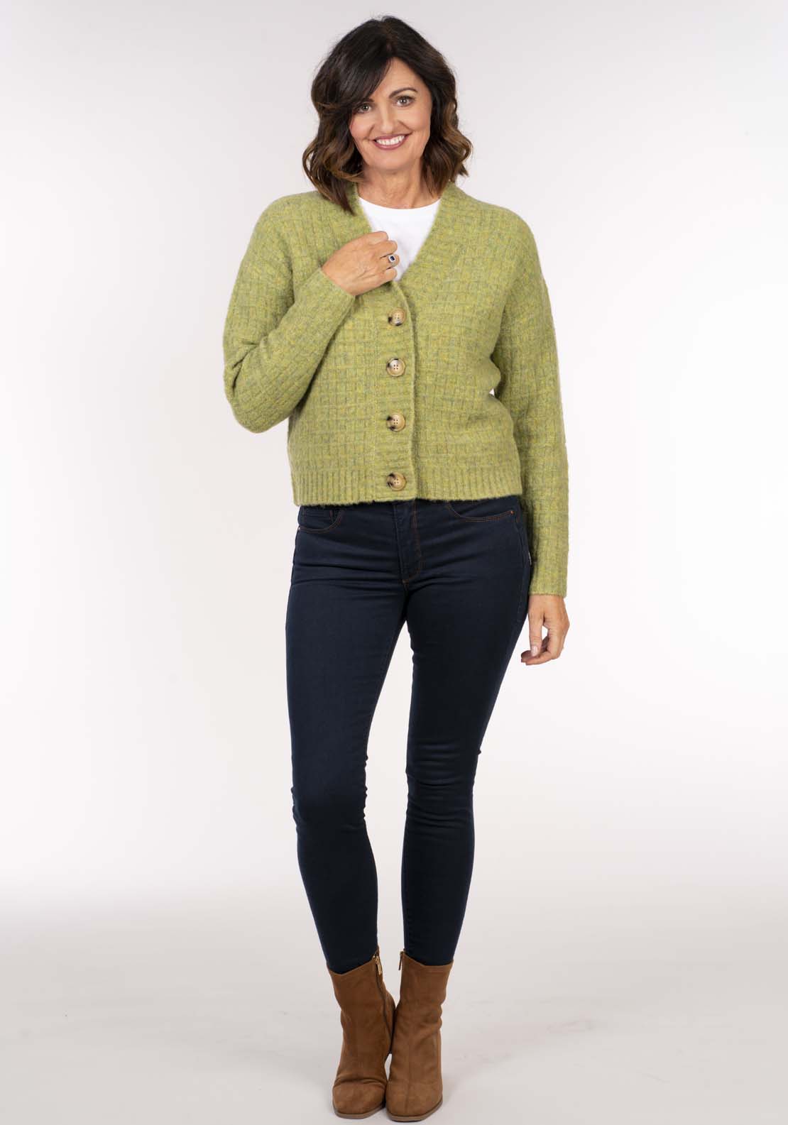 Tea Lane Waffle 3 Button Cardi - Green 4 Shaws Department Stores