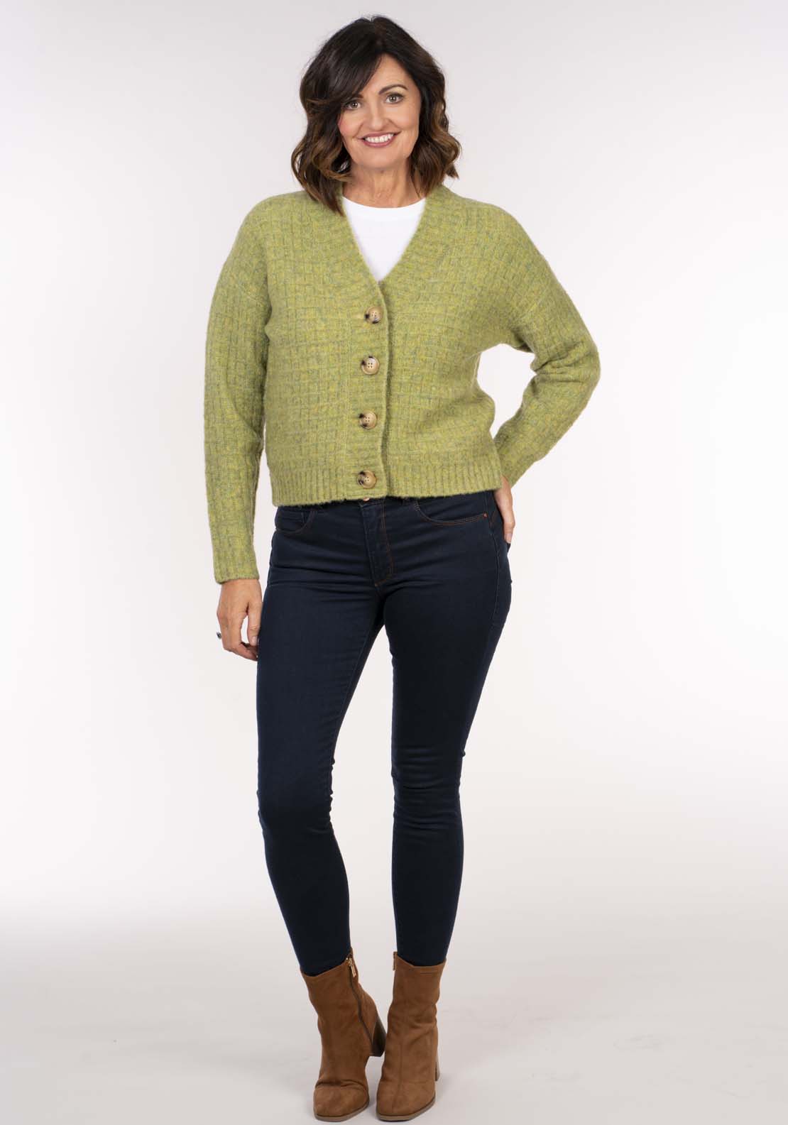 Tea Lane Waffle 3 Button Cardi - Green 7 Shaws Department Stores