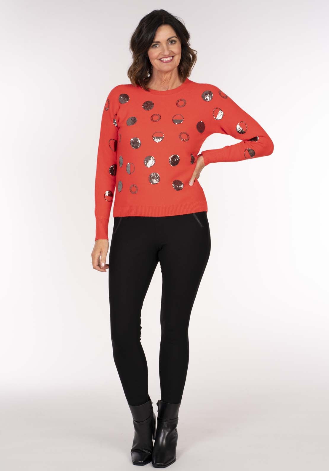 Tea Lane Sequin Spot Batwing Sweater - Red Dark Grey Spot 6 Shaws Department Stores