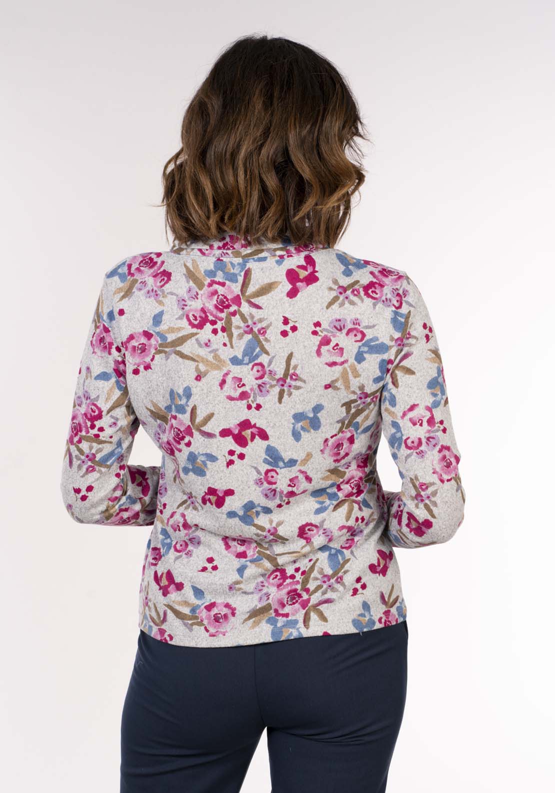 Tea Lane Pleat V Neck Top - Grey Pink Floral 5 Shaws Department Stores