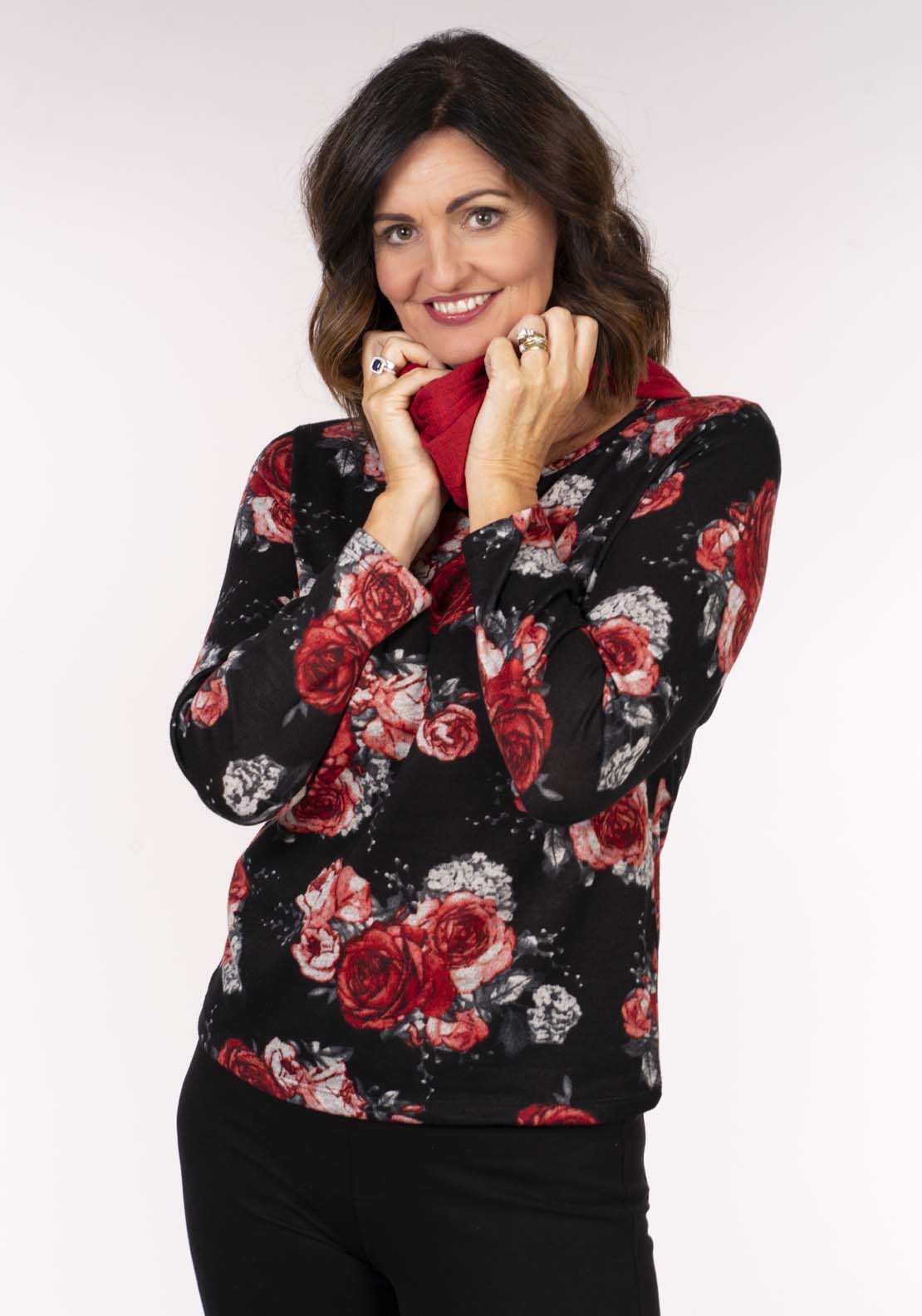 Tea Lane Snood Spot Top - Black W Red Rose 3 Shaws Department Stores