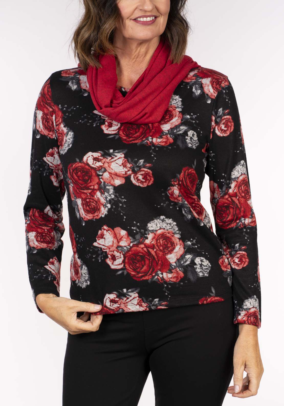 Tea Lane Snood Spot Top - Black W Red Rose 6 Shaws Department Stores