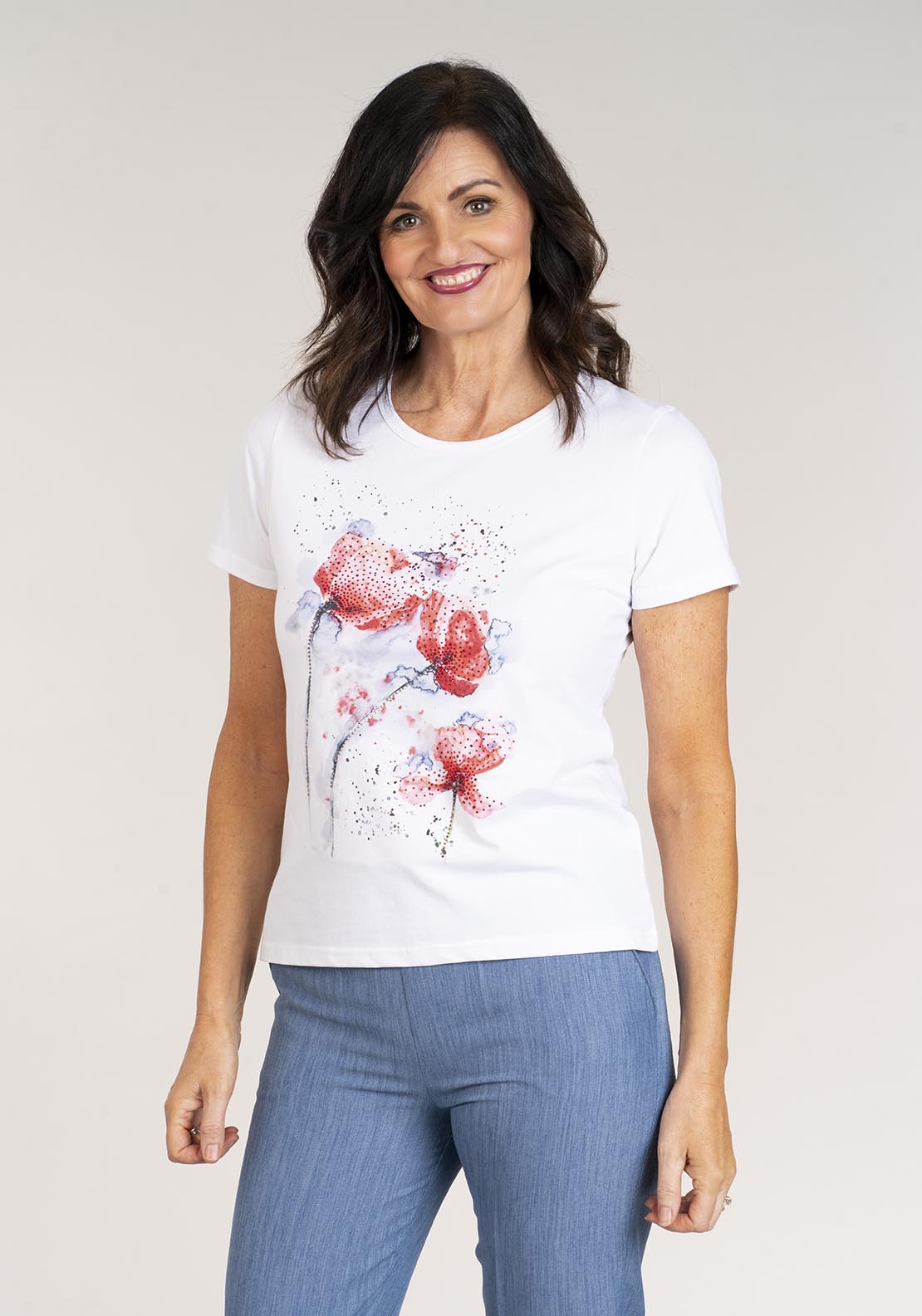 Tea Lane Short Sleeve T-Shirt Poppy Print - White 1 Shaws Department Stores