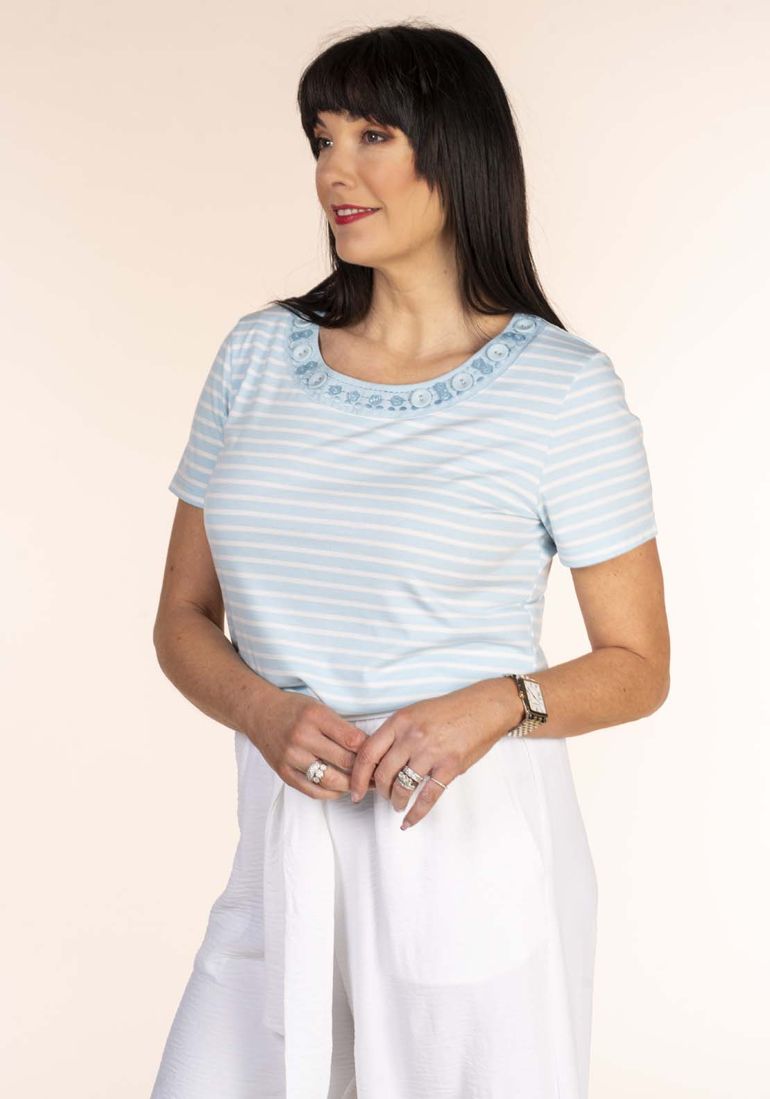 Tea Lane Button Neck Stripe T-Shirt 2 Shaws Department Stores