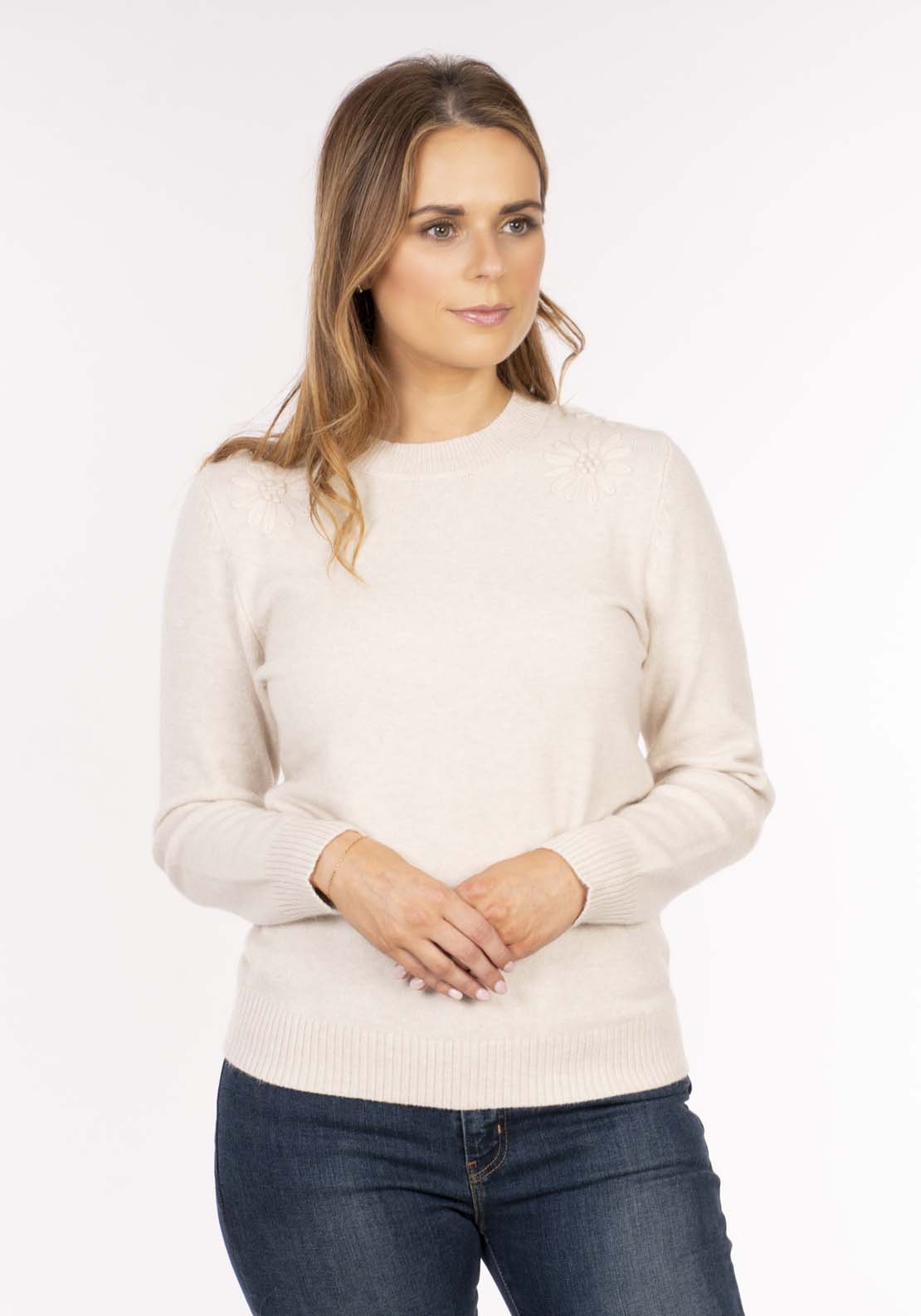 Naoise 12 Gg Embroidered Shoulder Sweater - Oatmeal 1 Shaws Department Stores