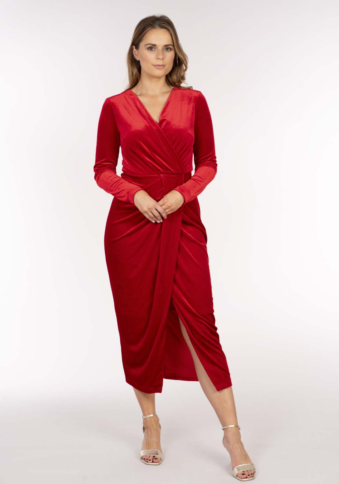Naoise Velvet Half Wrap Pleat Dress - Red 1 Shaws Department Stores
