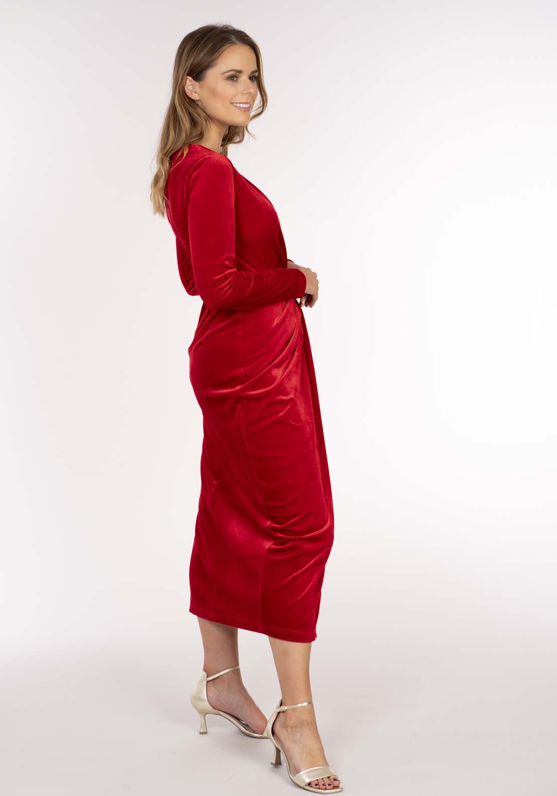 Naoise Velvet Half Wrap Pleat Dress - Red 3 Shaws Department Stores