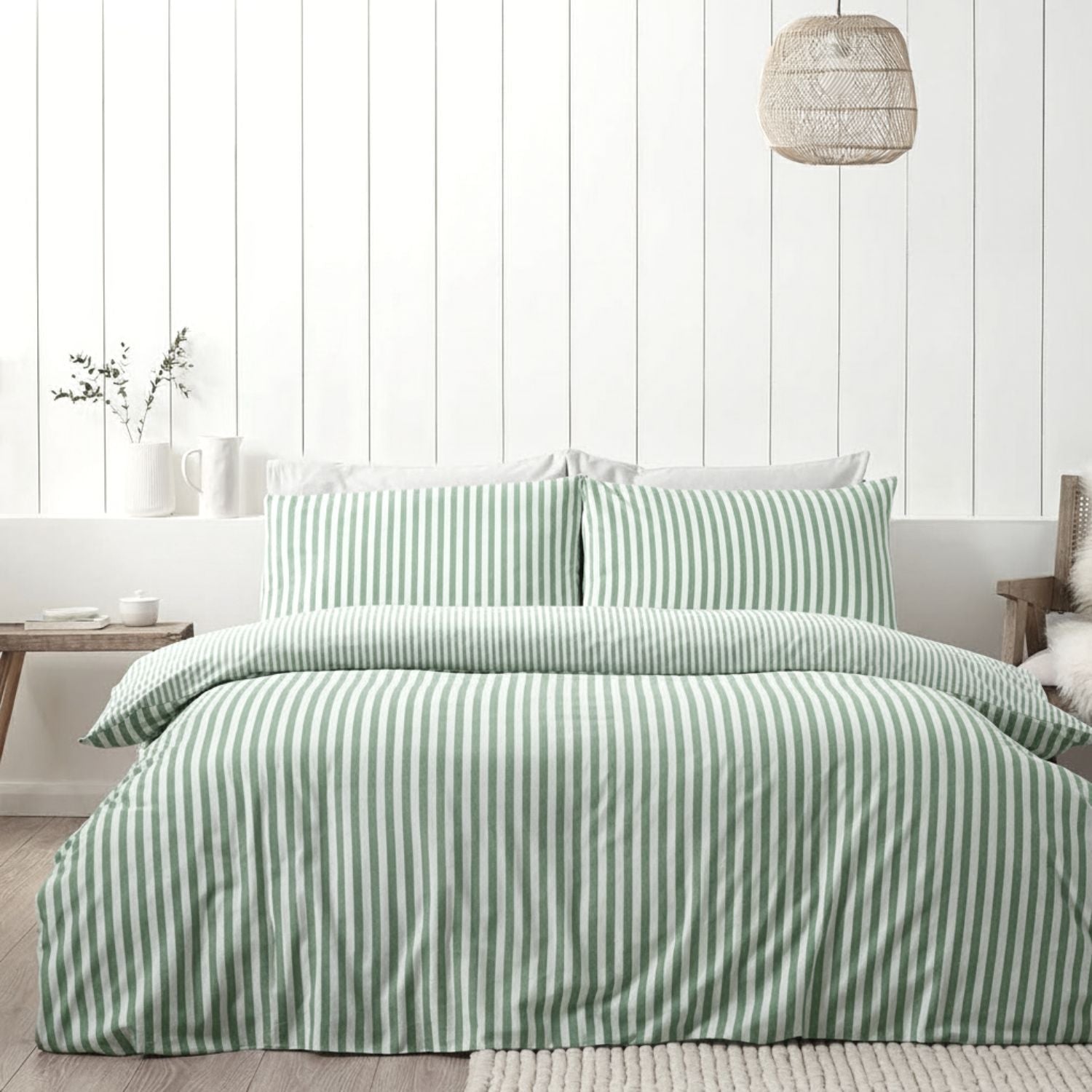 The Home Collection 100% Brushed Cotton Stripe Duvet Cover Set Green - Green 1 Shaws Department Stores