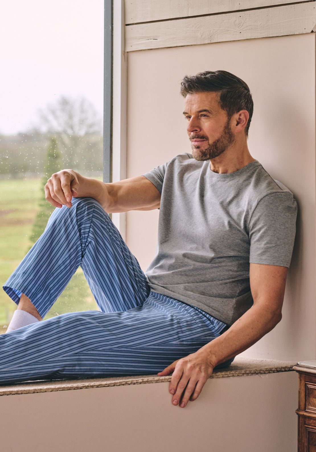 Hj Hall Crew Neck T-Shirt and Long Pants - Grey / Blue 1 Shaws Department Stores