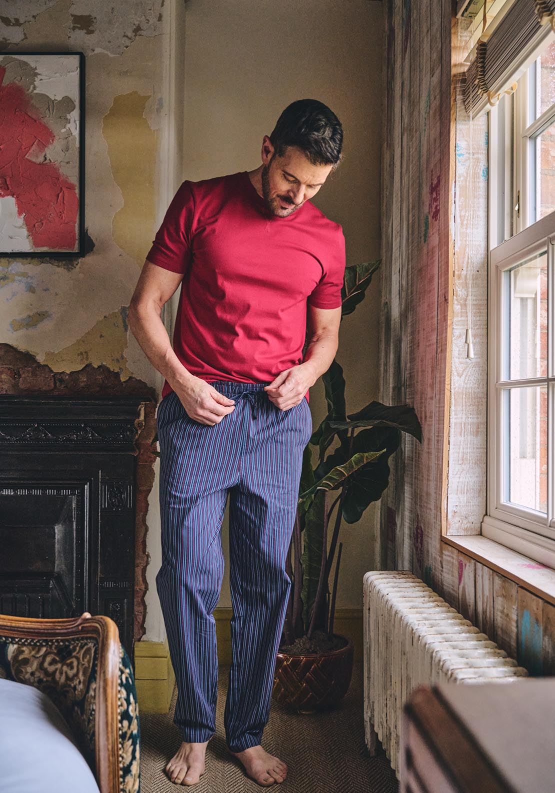 Hj Hall Crew Neck T-Shirt and Long Pants - Red Navy 1 Shaws Department Stores