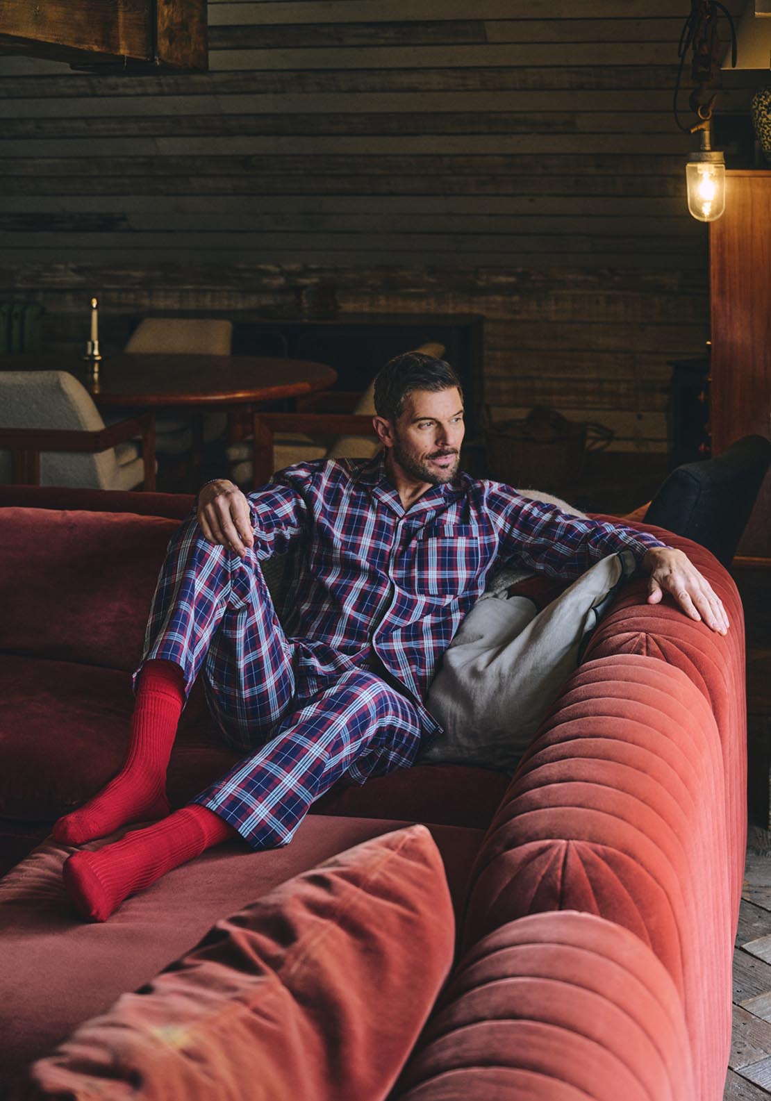 Hj Hall Pure Cotton Brushed Pyjamas, Long Sleeve Top and Long Pants - Red Navy Check 1 Shaws Department Stores