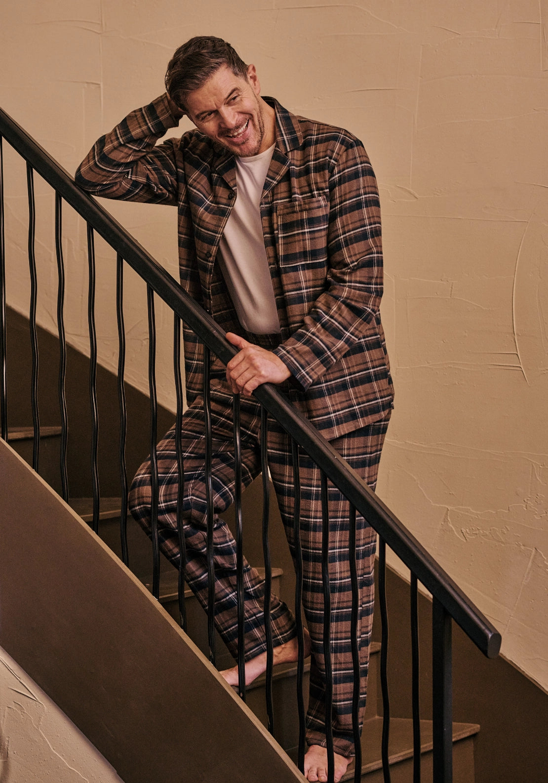 Hj Hall Brushed Cotton Check Pyjamas - Brown/navy Check 3 Shaws Department Stores