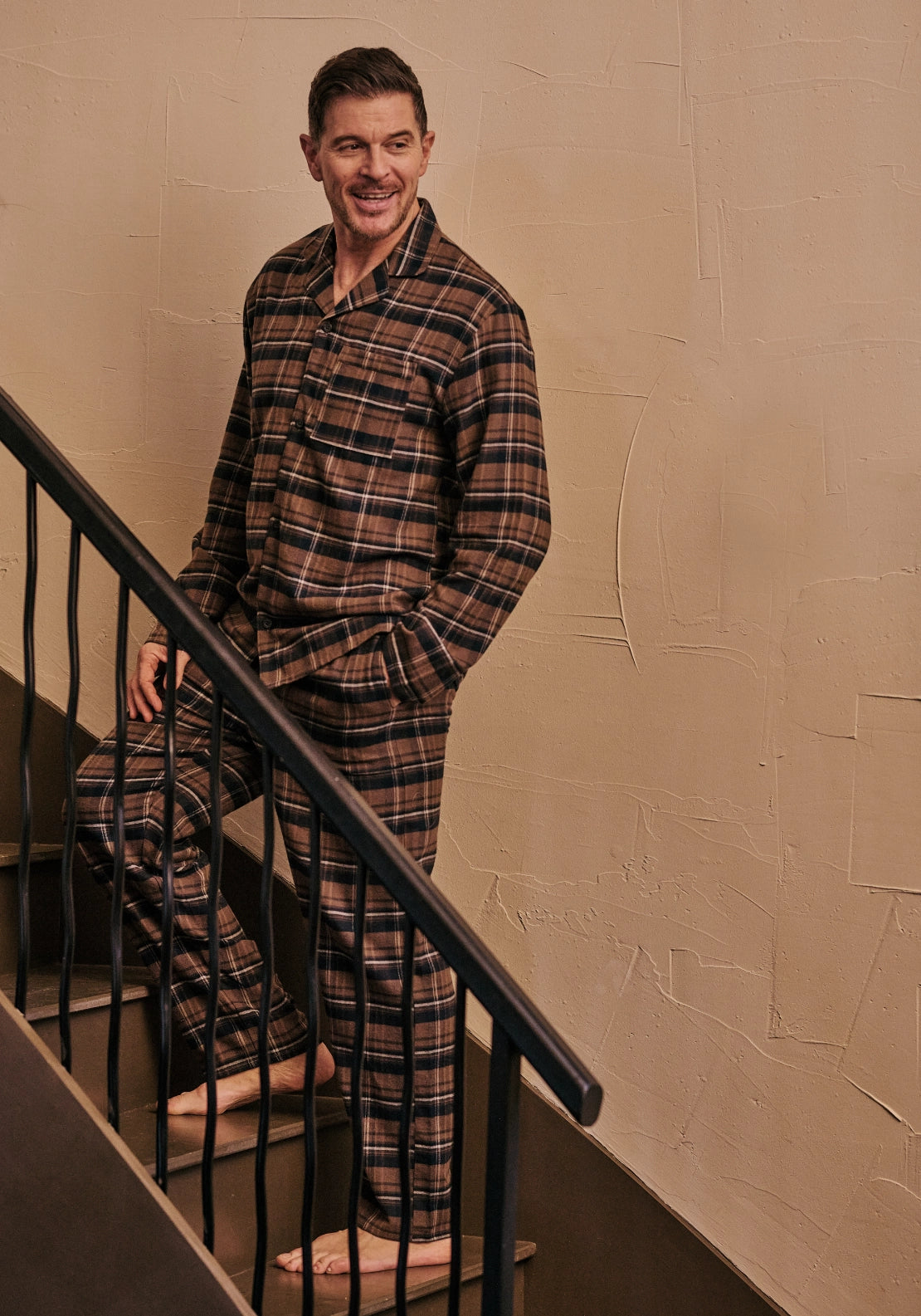 Hj Hall Brushed Cotton Check Pyjamas - Brown/navy Check 5 Shaws Department Stores
