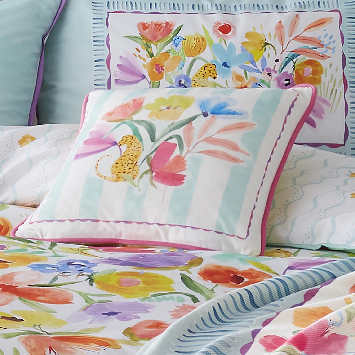 The Home Luyxury Collection Harriet Printed Velvet Piped Cushion - Duck/Pink 3 Shaws Department Stores