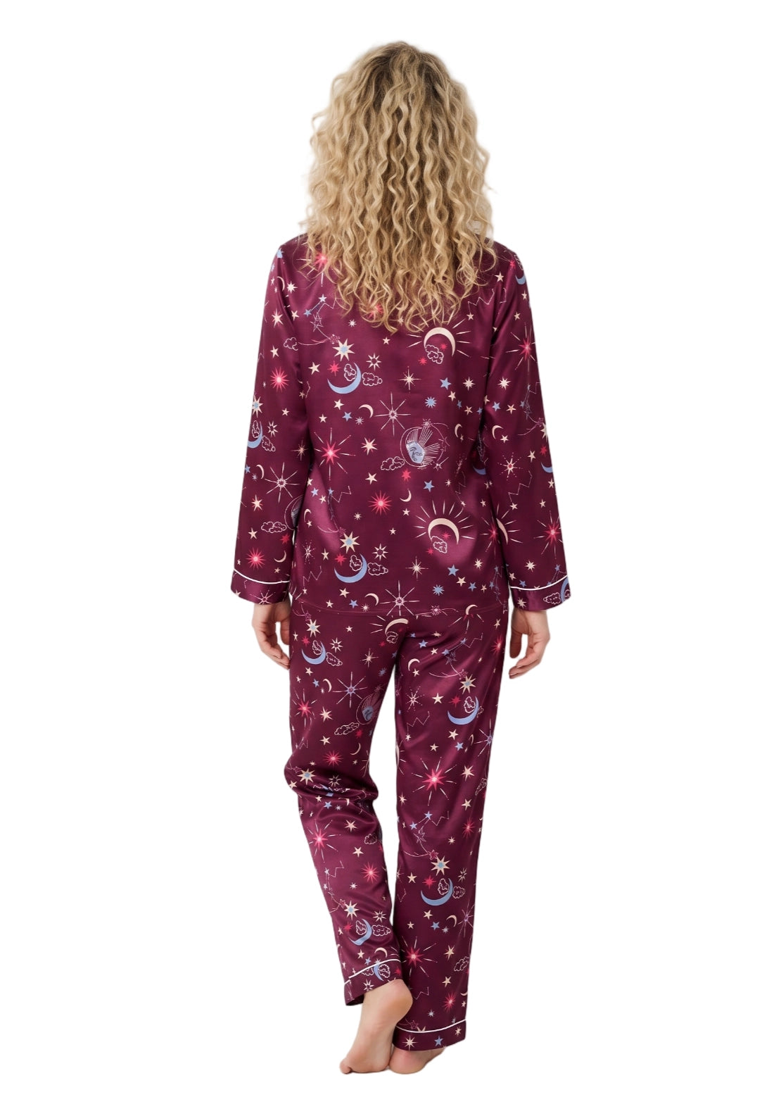 Indigo Sky Moon Satin Pyjama Set - Wine 2 Shaws Department Stores