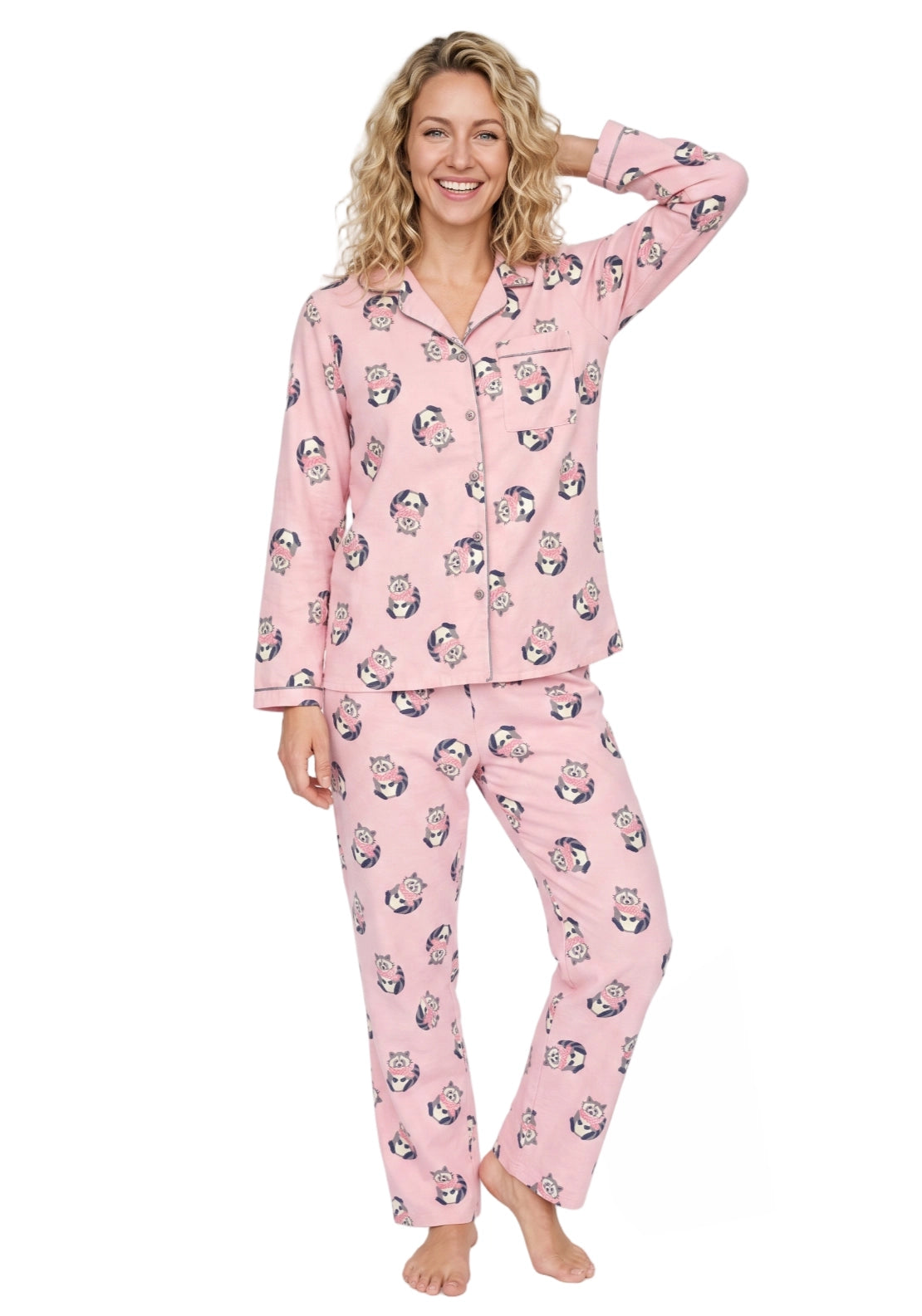 Indigo Sky Racoon Wincey Pyjama - Pink 1 Shaws Department Stores
