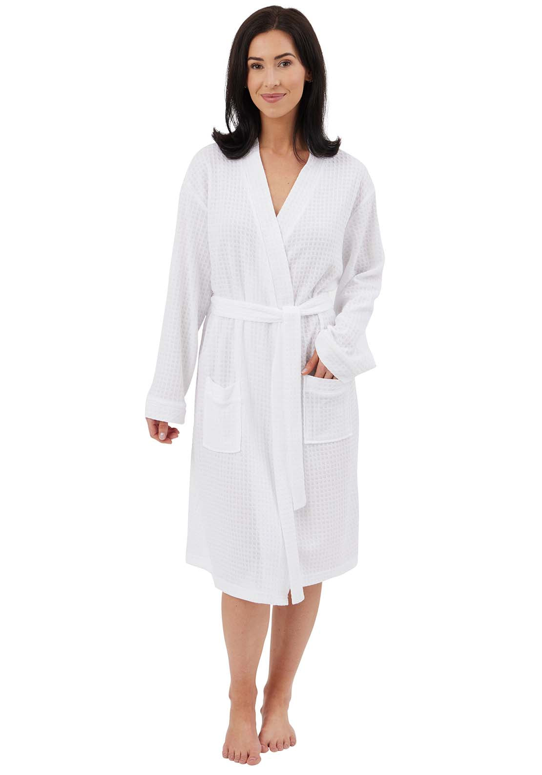 Indigo Sky Waffle Robe With White Piping - White 2 Shaws Department Stores
