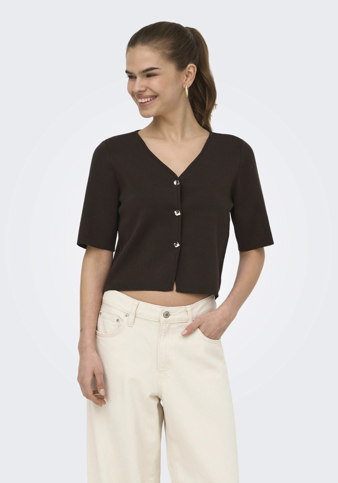 Astra V-Neck Button Cardigan - Brown
