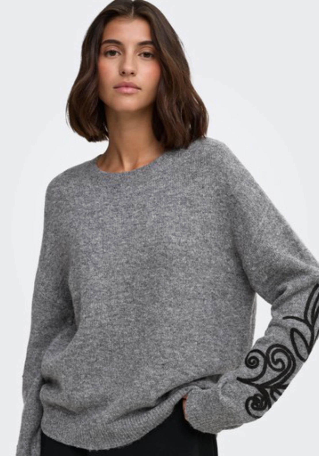 Jella Lia Long Sleeve O-Neck Pullover - Medium Grey Melange