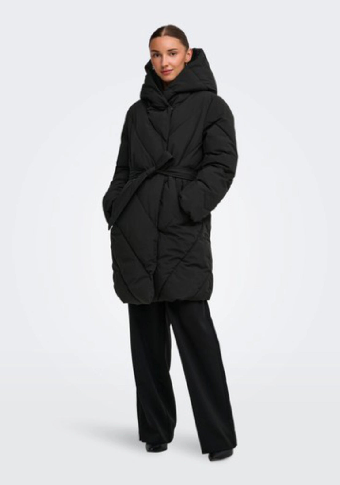 Villon Long Hood Belt Puffer Coat - Black