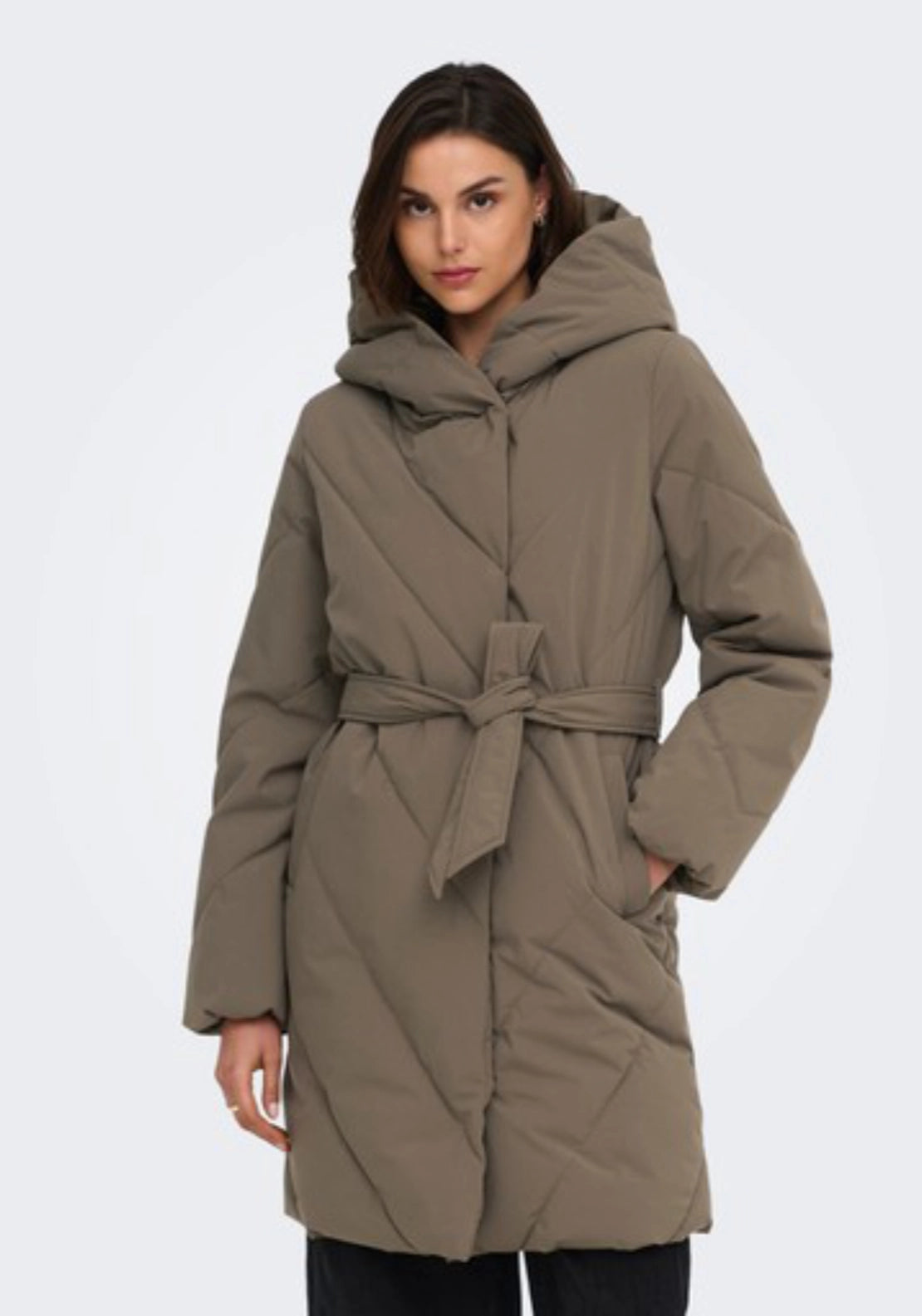 Villon Long Hood Belt Puffer Coat - Walnut