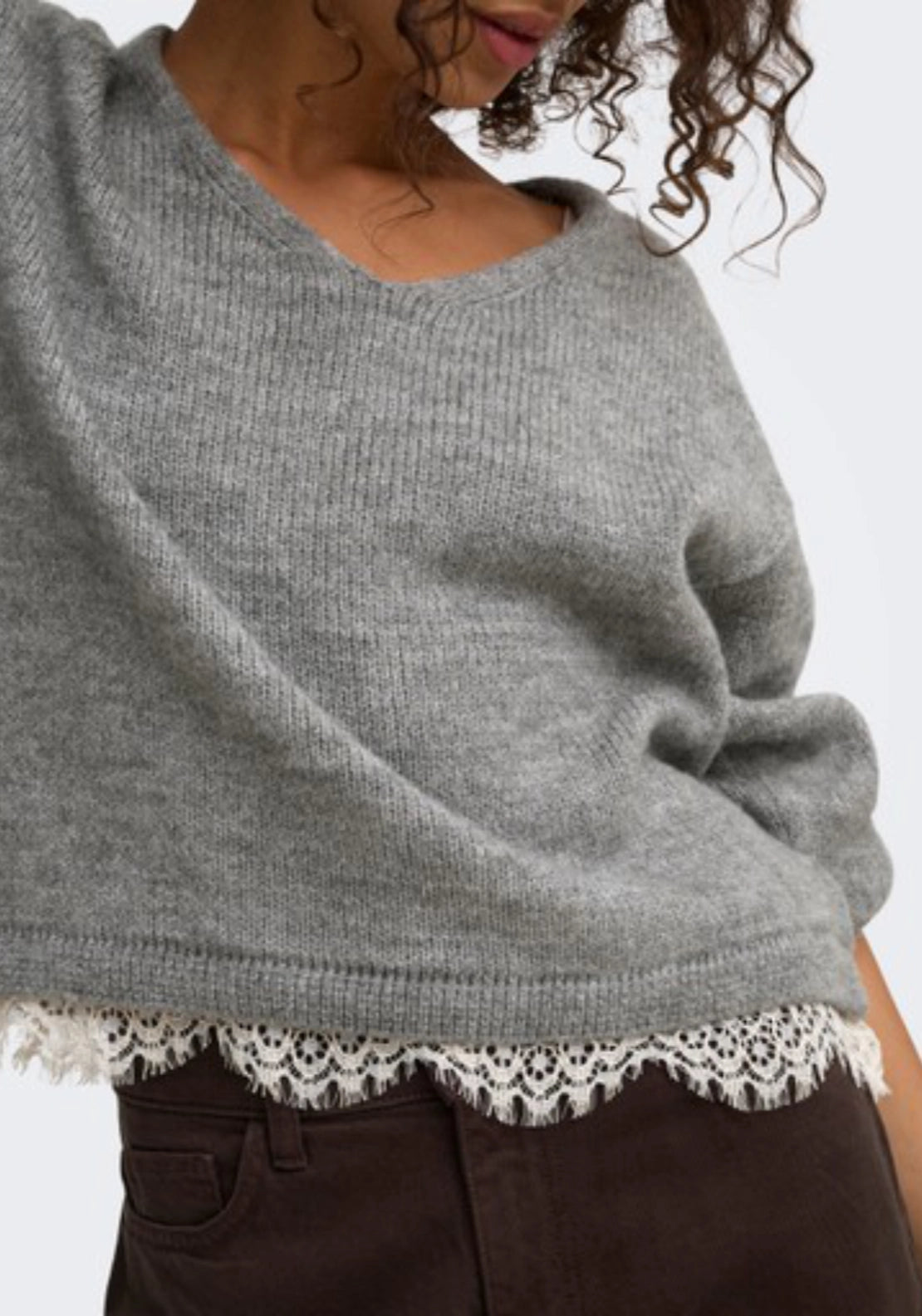 Stephanie Long Sleeve Lace Pullover - Light Grey Melange