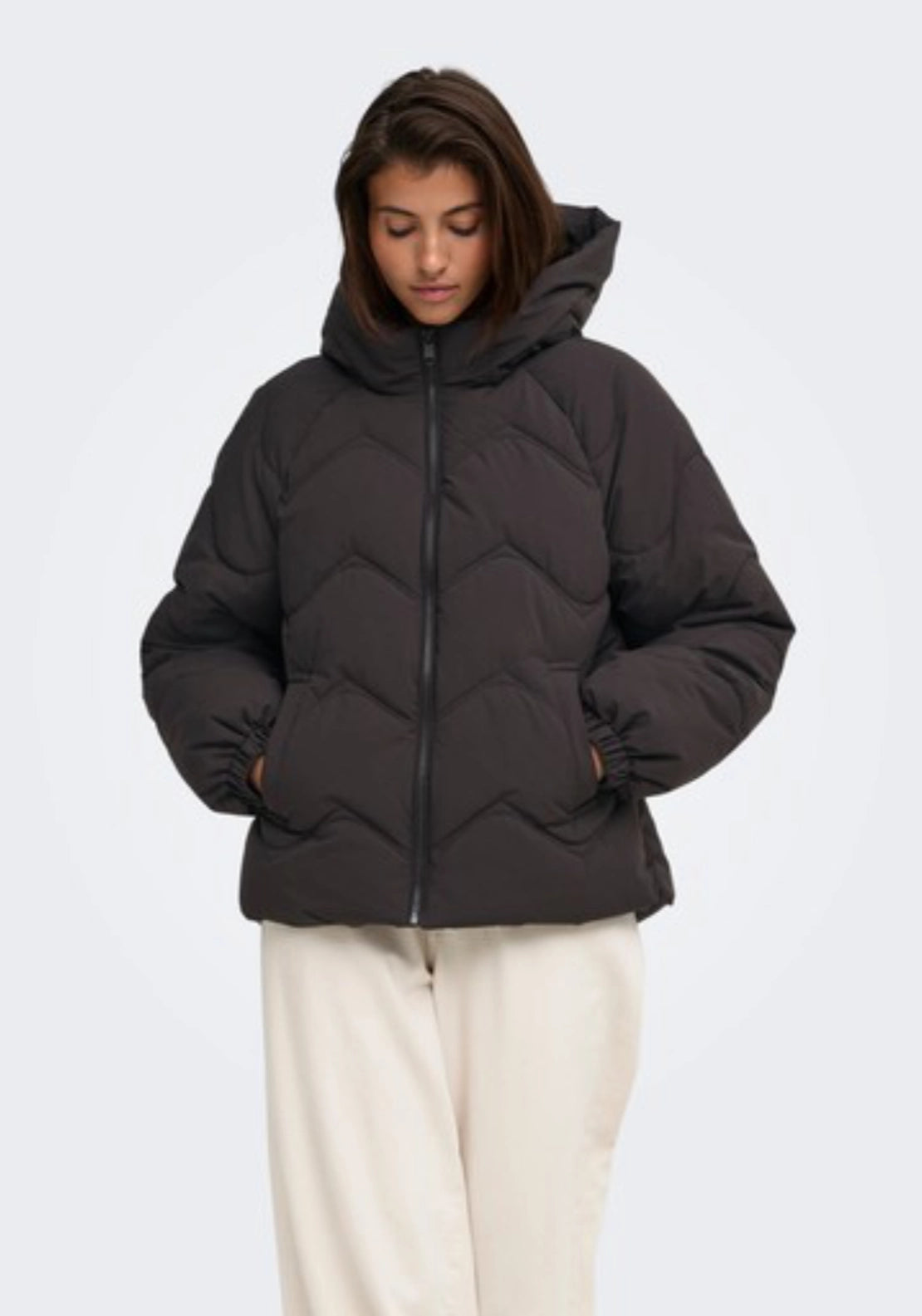 Power Short Hood Puffer Coat - Brown
