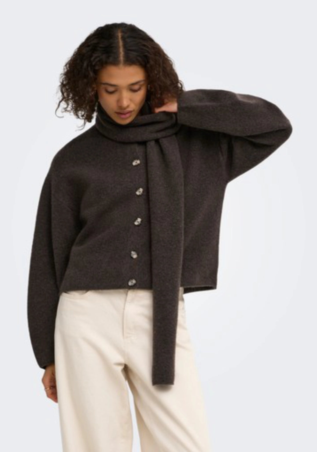 Dagmar Long Sleeve Scarf Detail Cardigan - Mulch