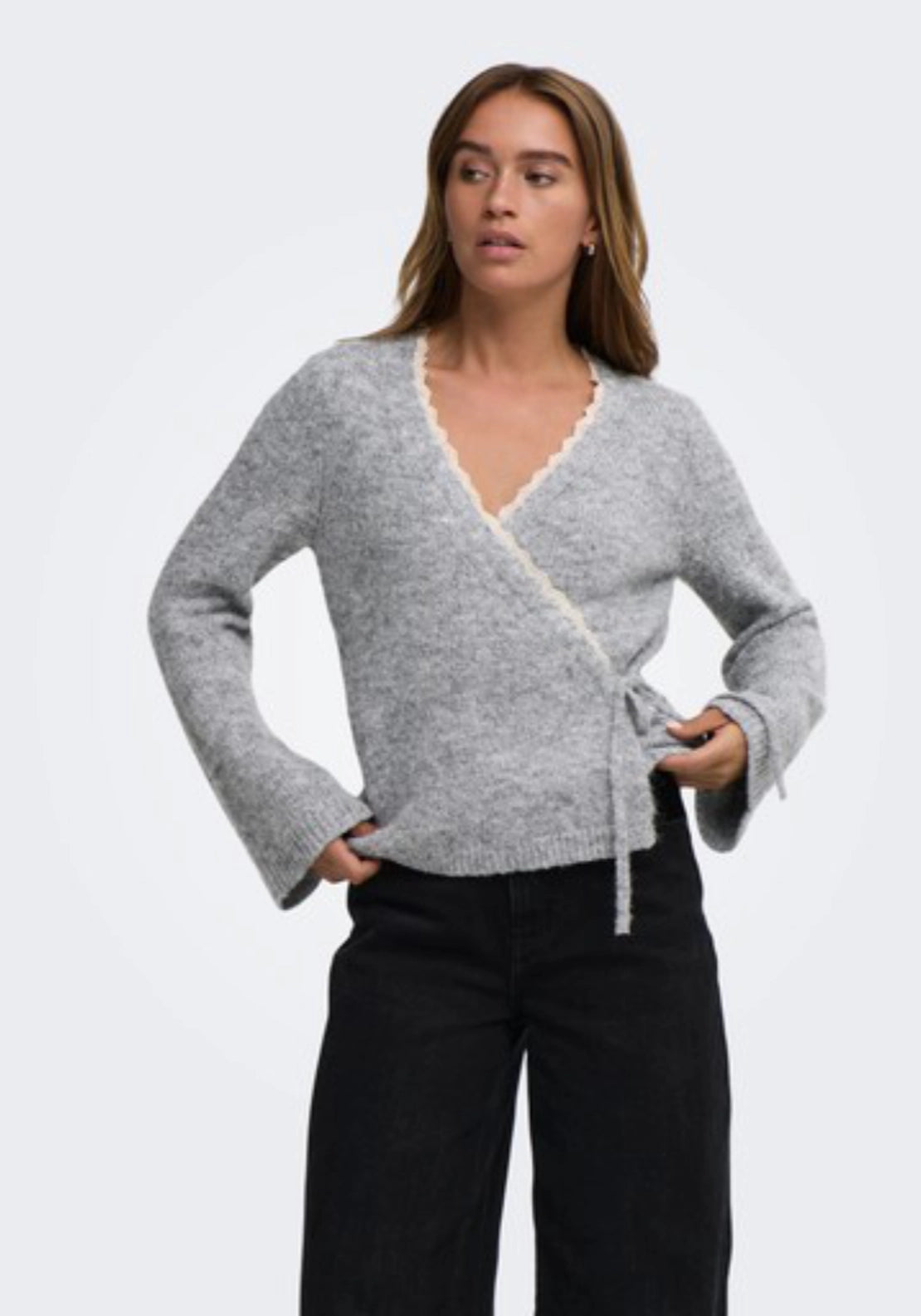 Dina Long Sleeve Wrap Lace Cardigan - Light Grey Melange