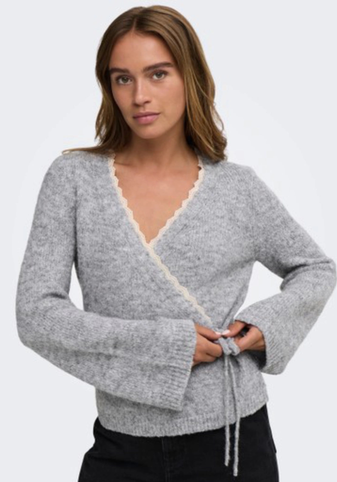Dina Long Sleeve Wrap Lace Cardigan - Light Grey Melange