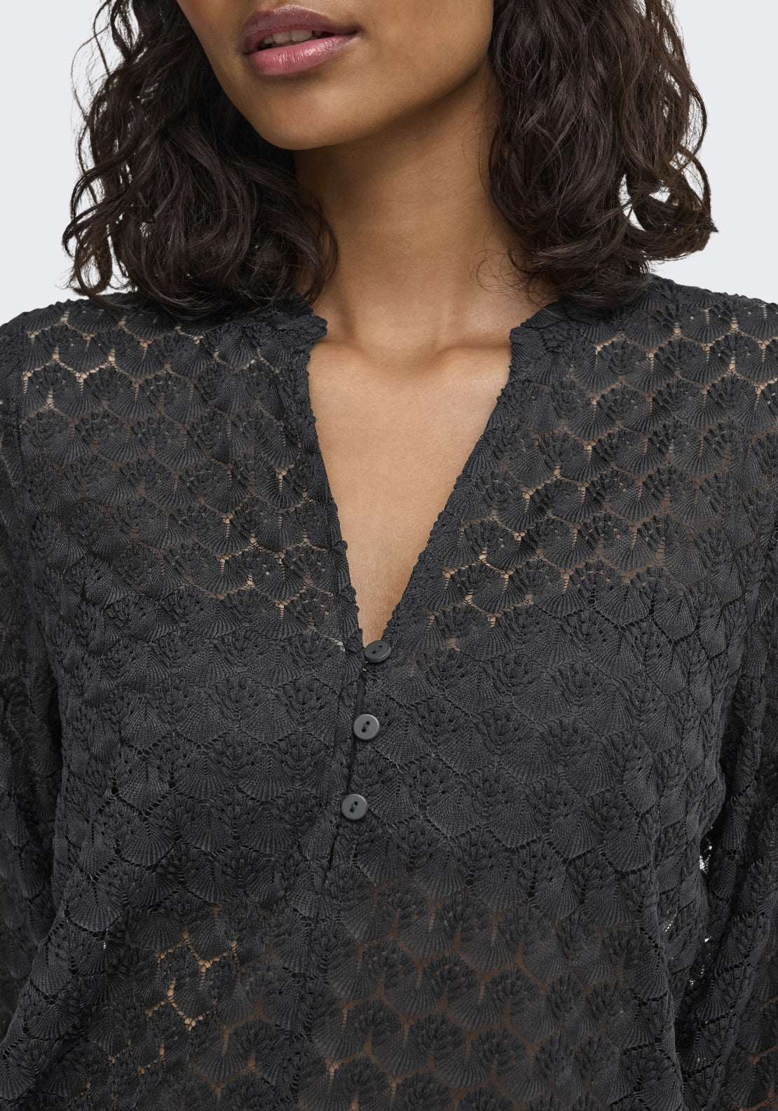 Avery Long Sleeve Lace V-Neck Top - Black