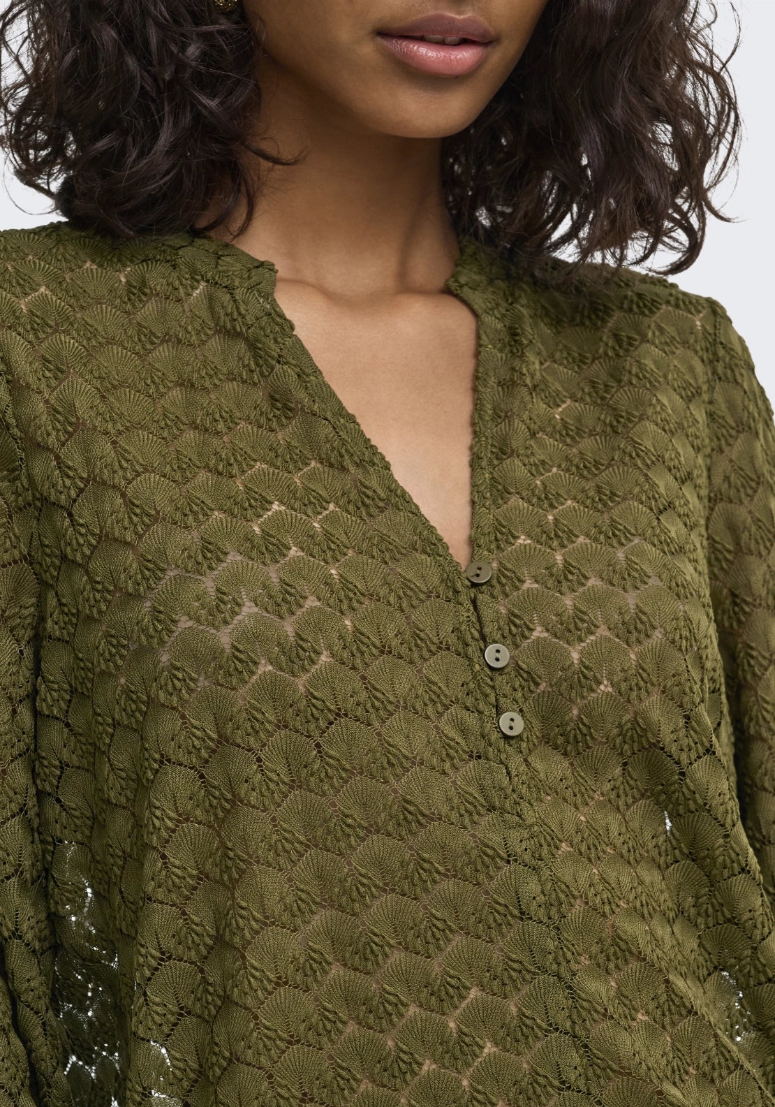 Avery Long Sleeve Lace V-Neck Top - Dark Olive