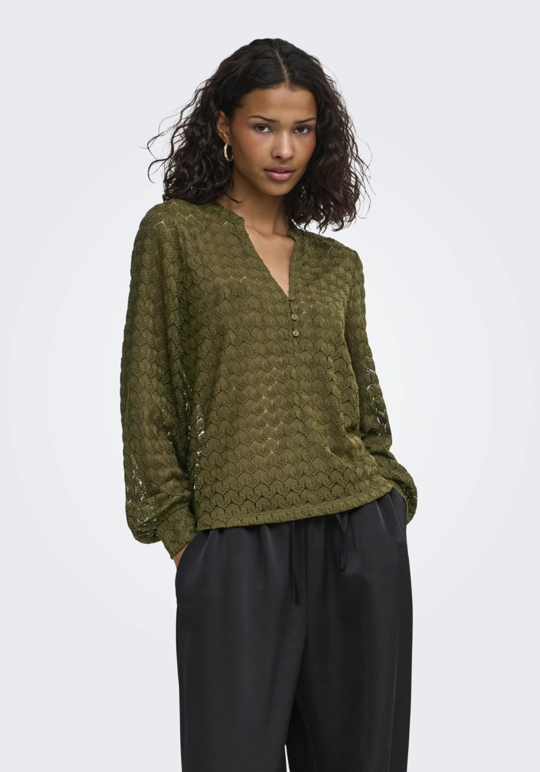 Avery Long Sleeve Lace V-Neck Top - Dark Olive