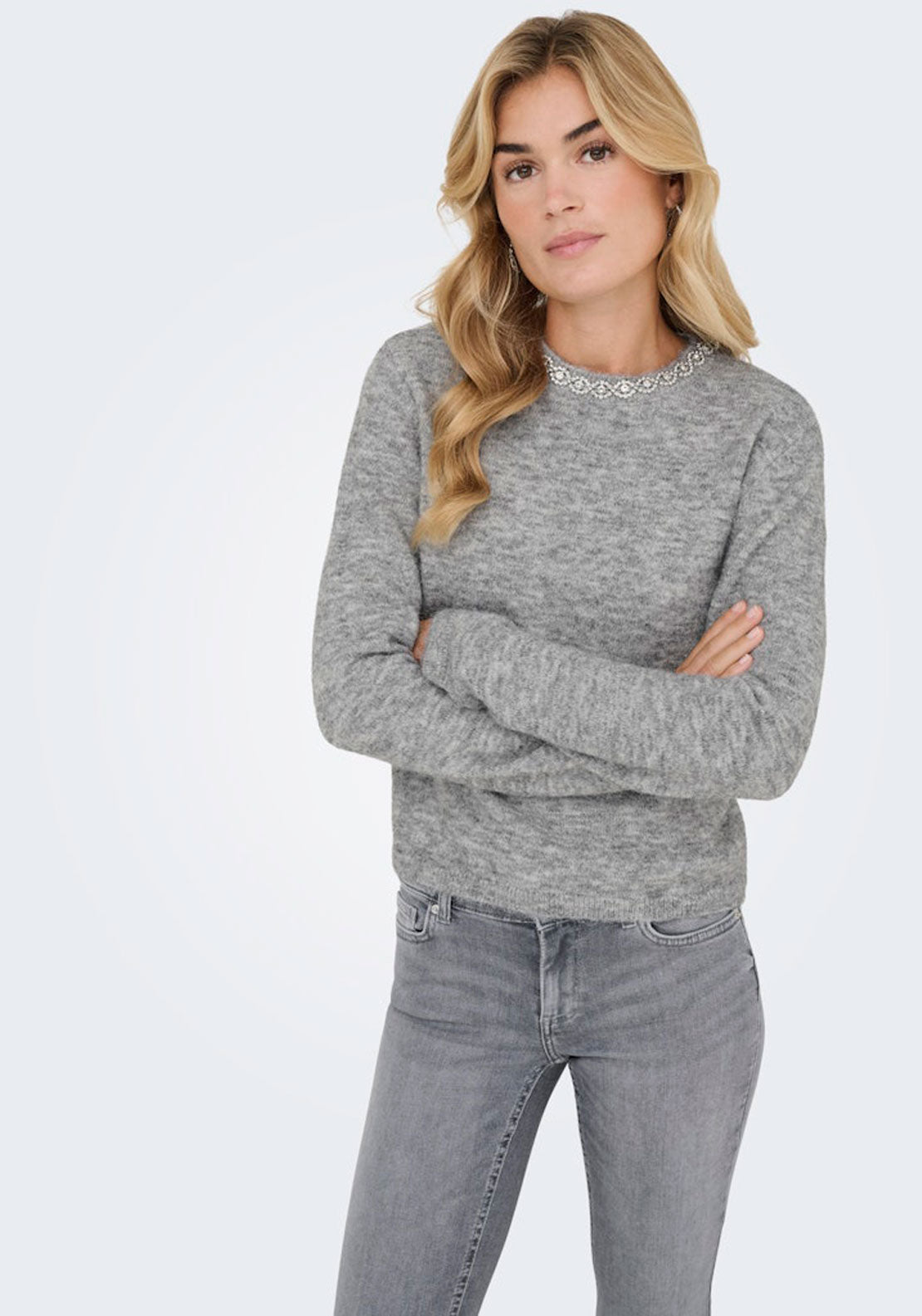 Jdy Long Sleeve Knitted Embellished Pullover - Medium Grey Melange/silver 3 Shaws Department Stores