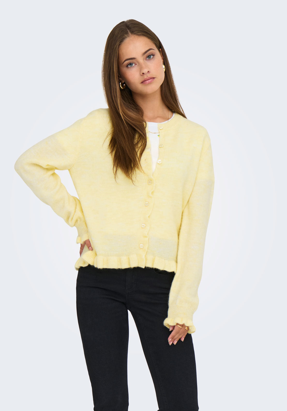 Jdy Letty Long Sleeve On Frill Cardigan - Pastel Yellow Melange 1 Shaws Department Stores