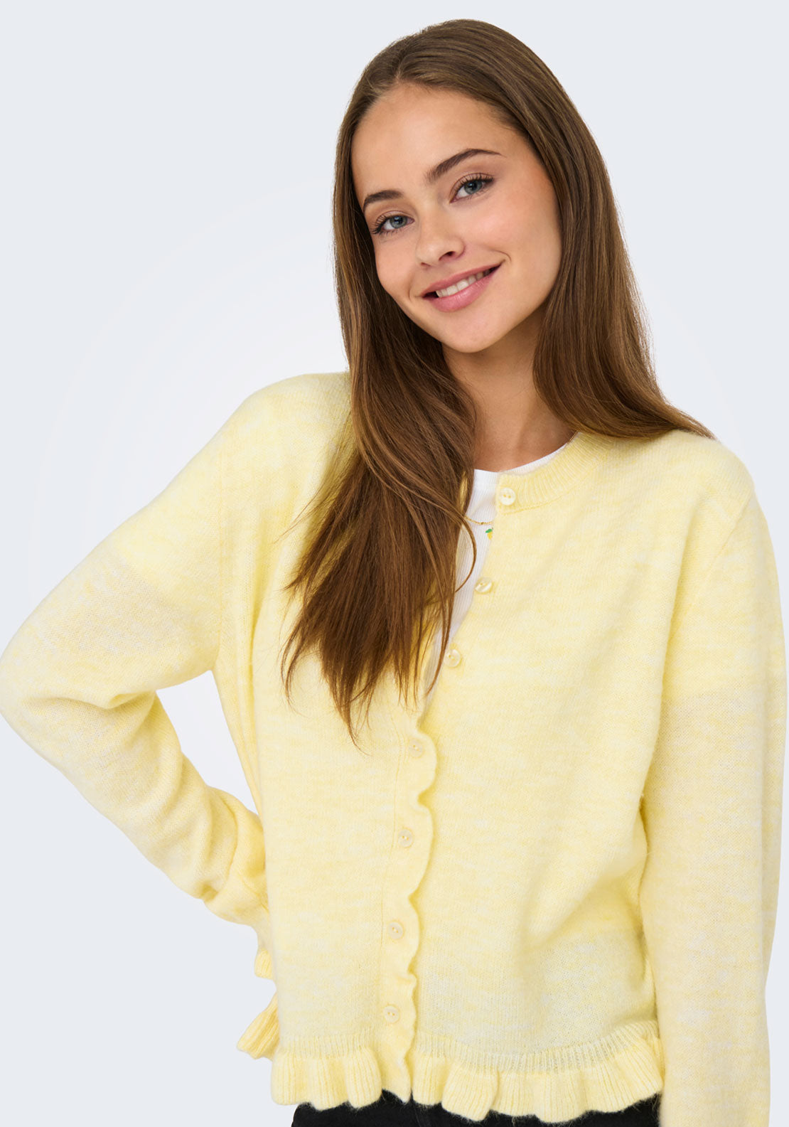 Jdy Letty Long Sleeve On Frill Cardigan - Pastel Yellow Melange 3 Shaws Department Stores
