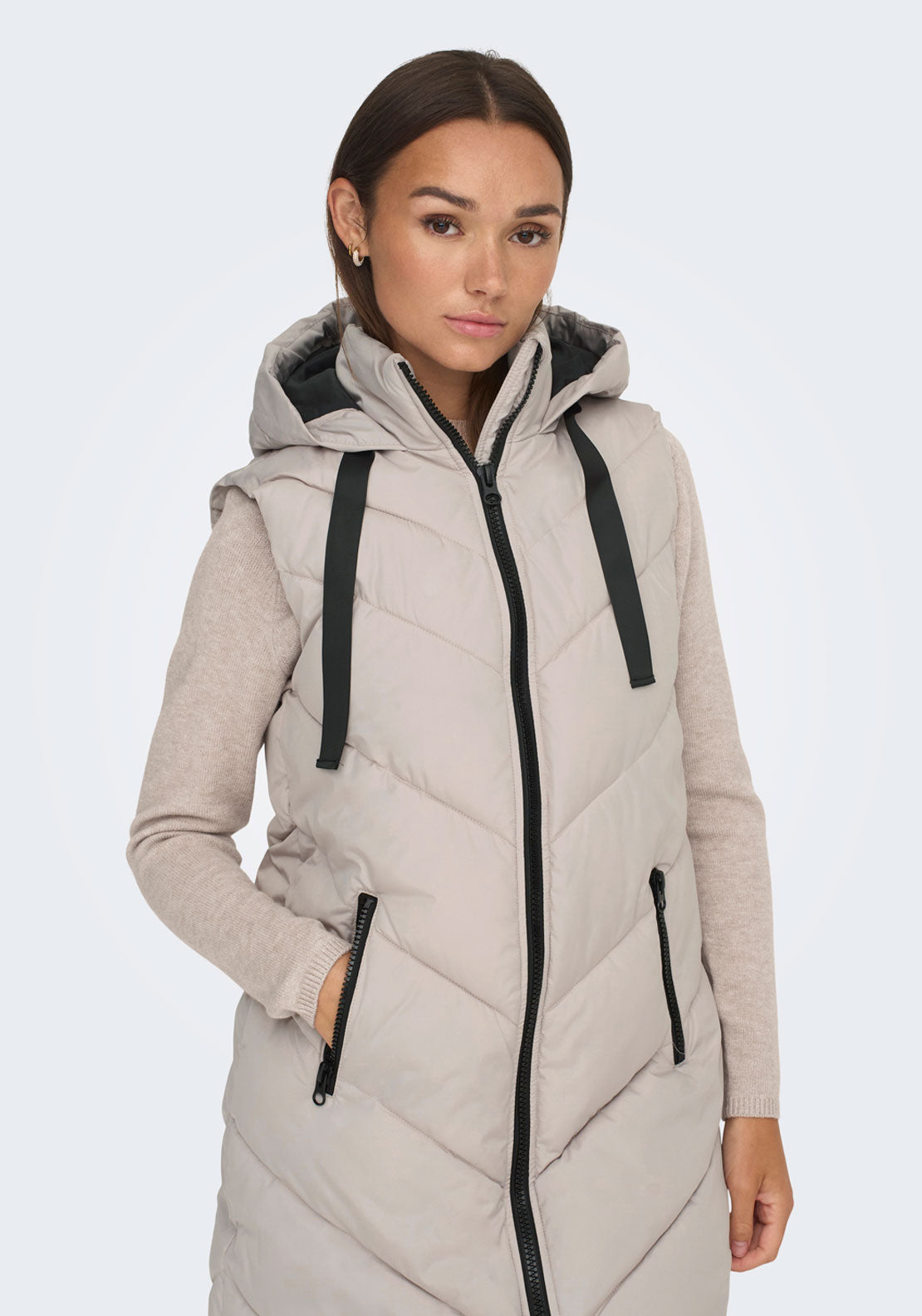 Jdy Skylar Hooded Waist Coat - Taupe 3 Shaws Department Stores