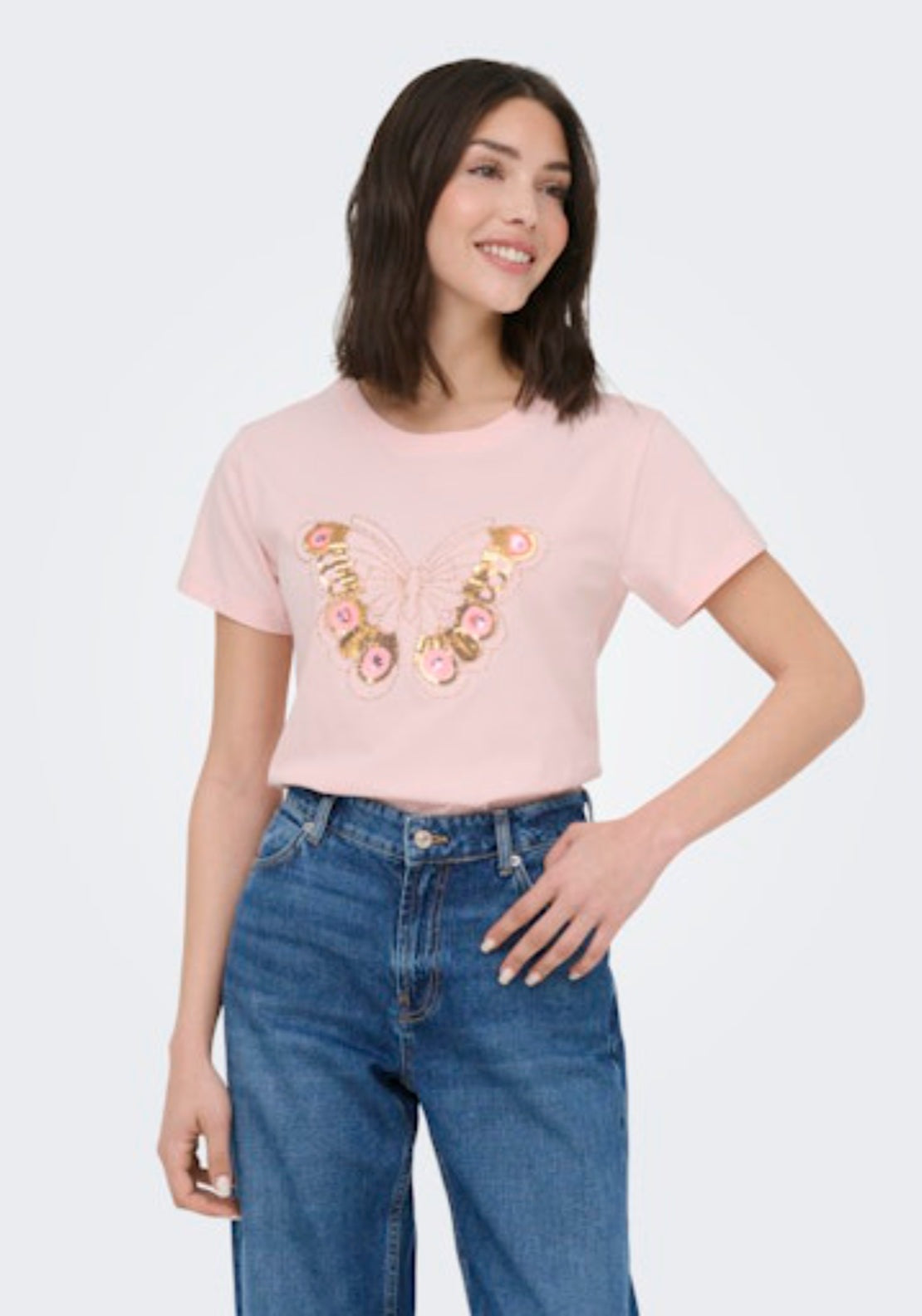 Bena Short Sleeve Patch Top - Pink Dogwood Butterfly Sequin
