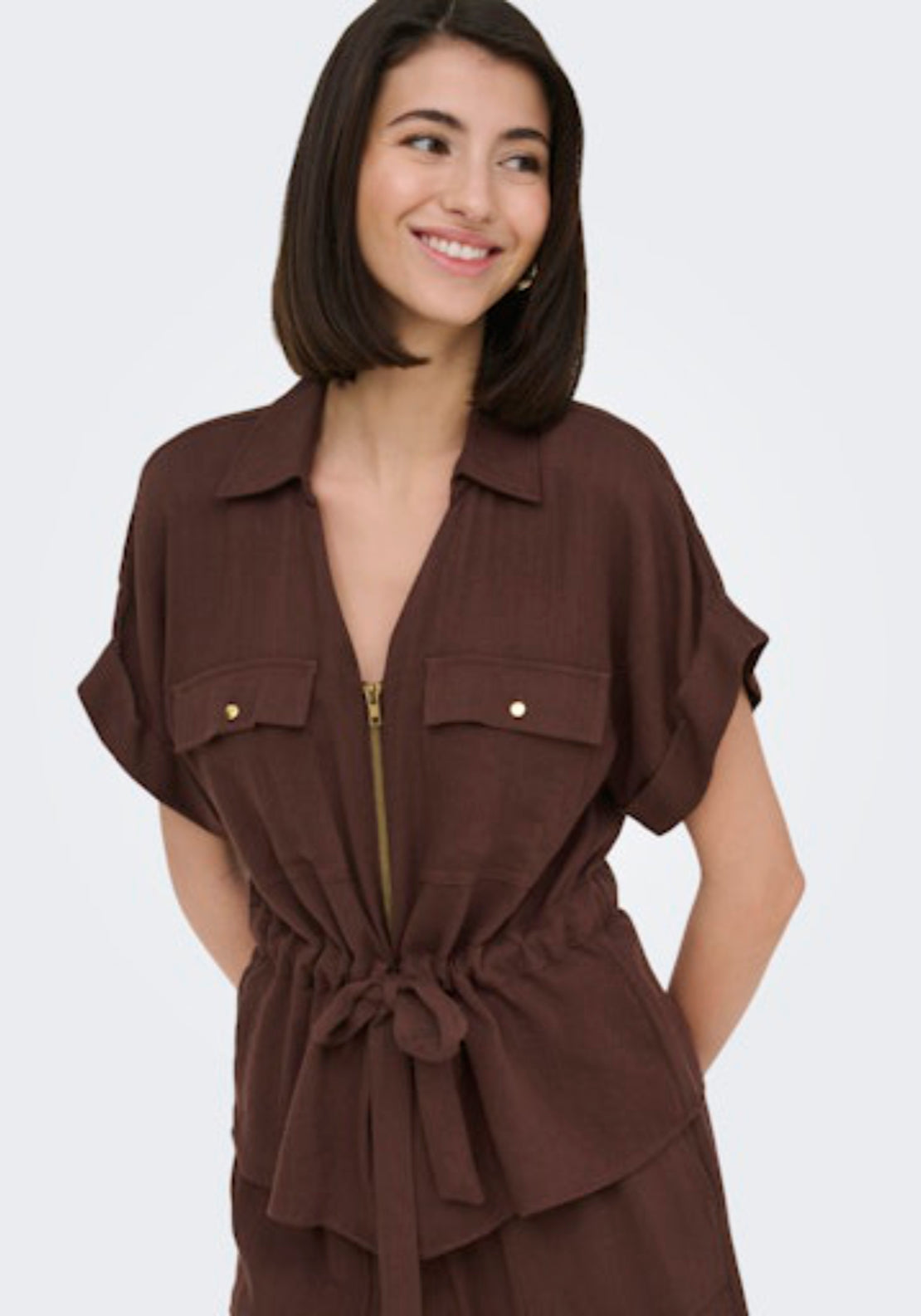 Jdy Mille Short Sleeve Zip Shirt - Chicory Coffee 3 Shaws Department Stores