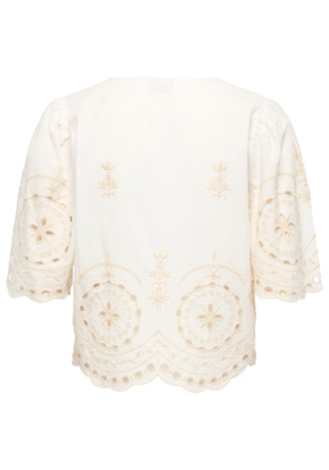 Jdy Polly Short Sleeve Embroidery Tie Top - Cloud Dancer/sandshell Emb 2 Shaws Department Stores