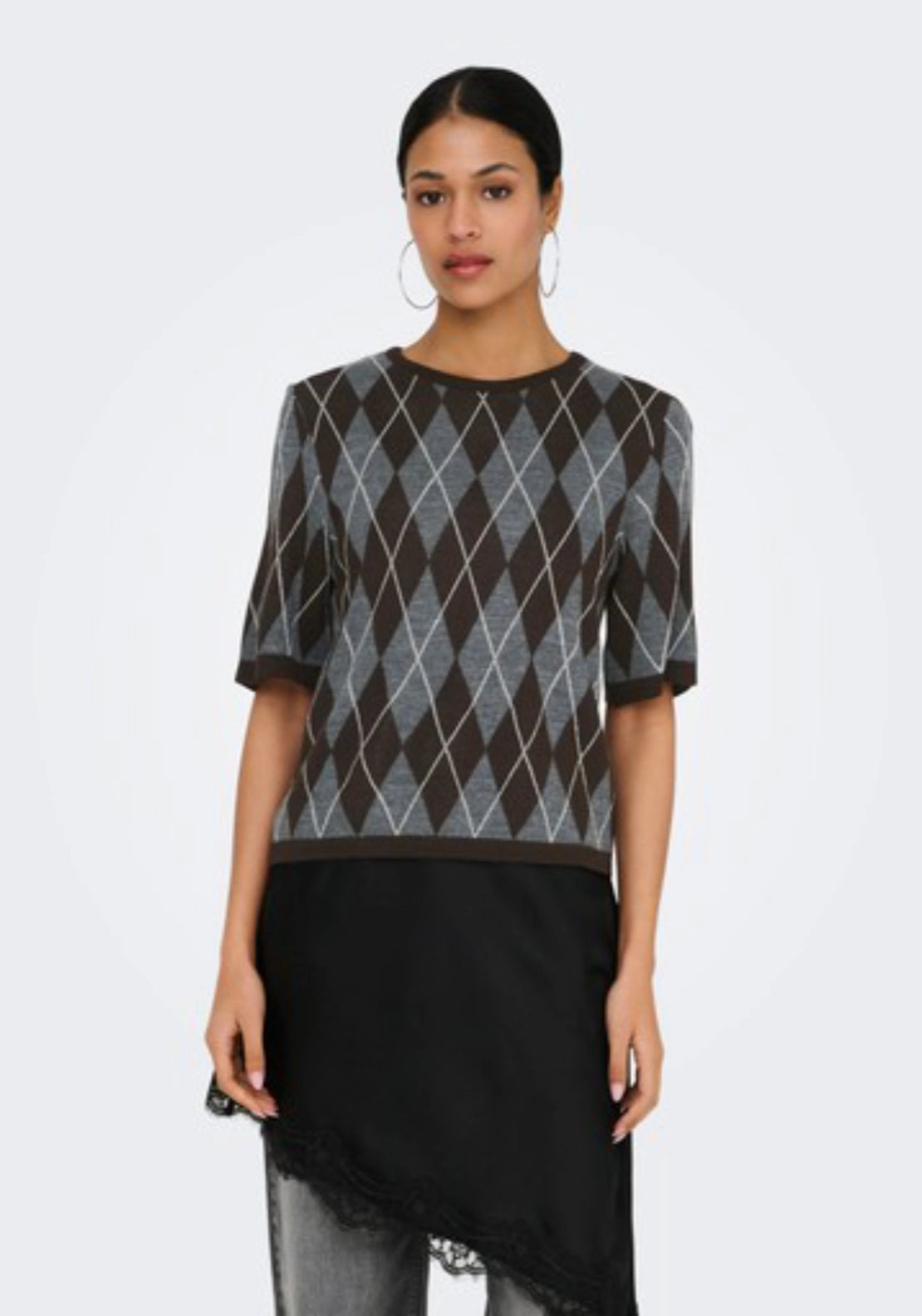 Maggy Short Sleeve Argyle Pullover - Grey
