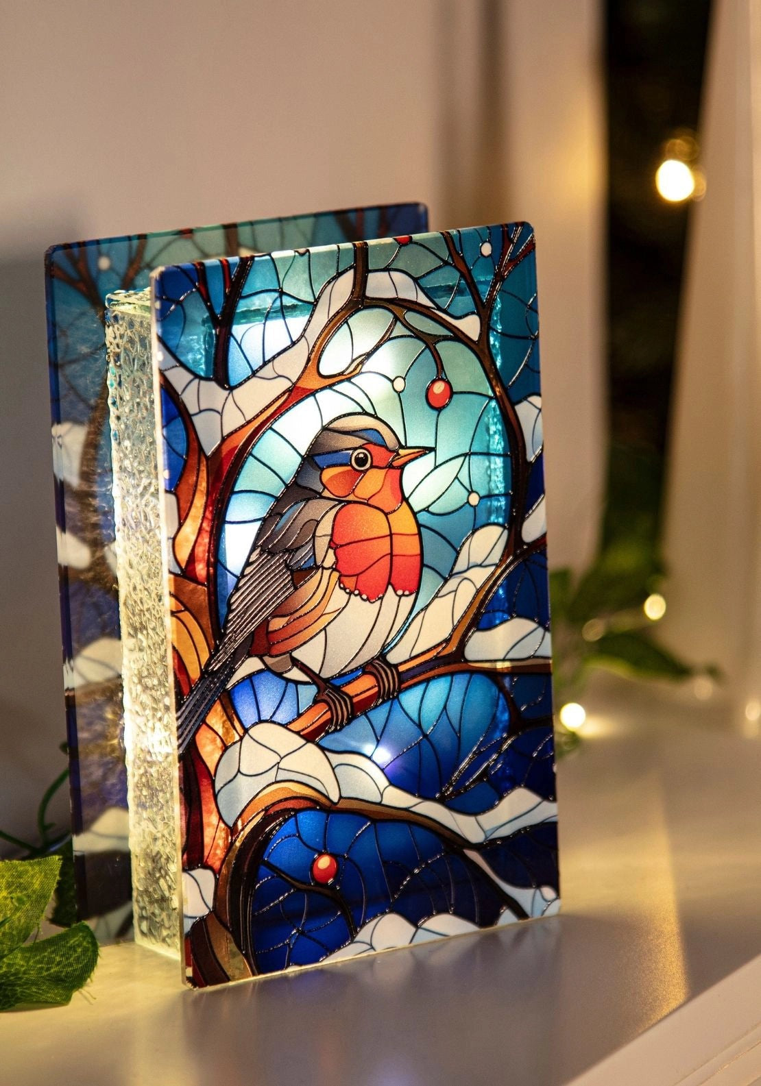 The Home Christmas LED Robin On Branch Stained Glass Table Top Display - Multi 1 Shaws Department Stores