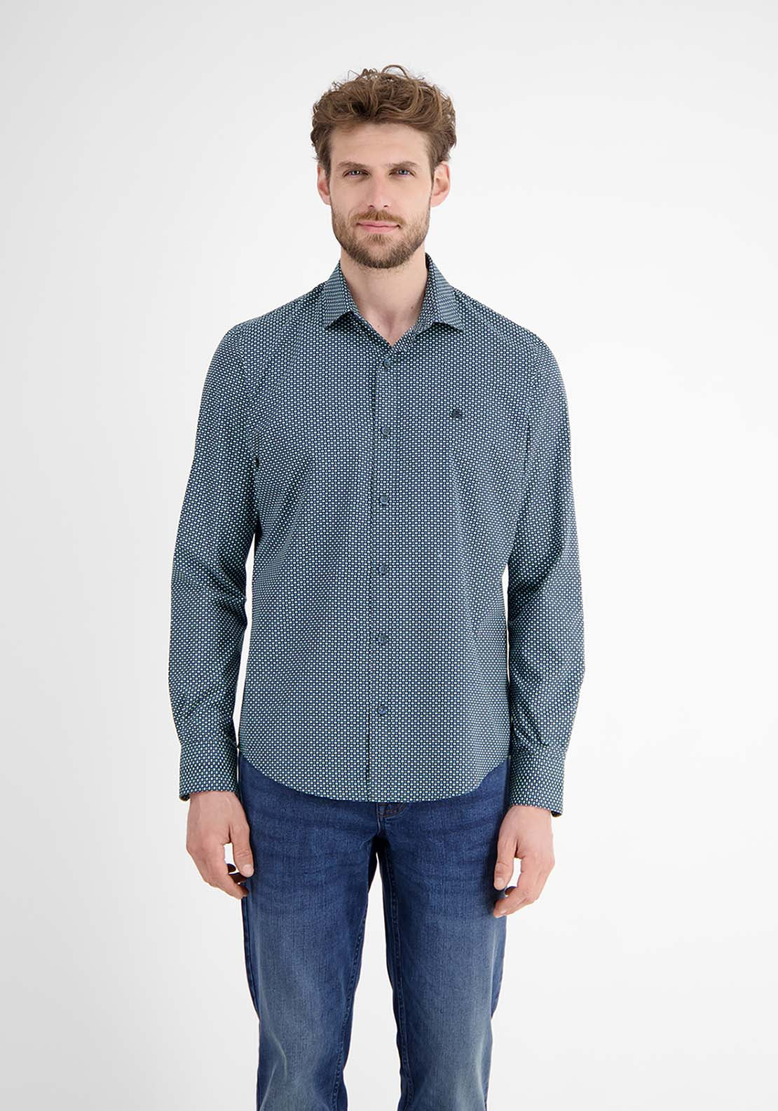 Lerros Long Sleeve Patterned Shirt - Fjord Blue 1 Shaws Department Stores