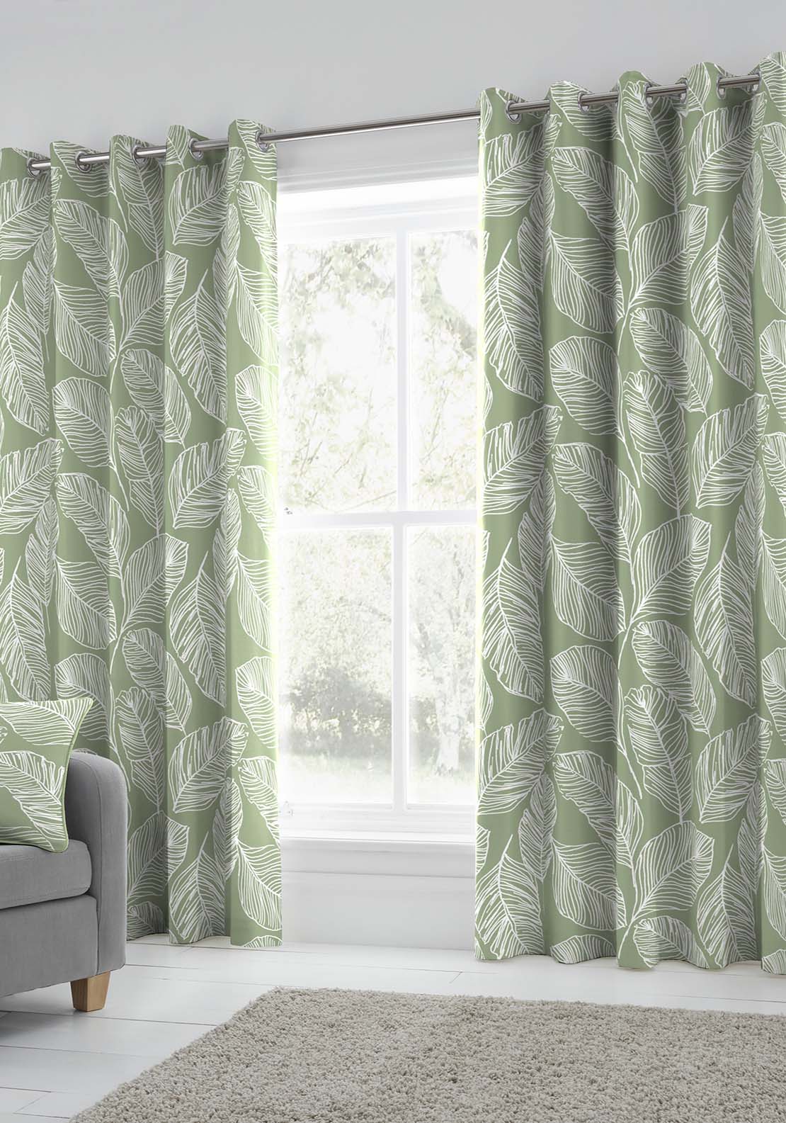 The Home Collection Leaf Ready Made Curtains - Green 1 Shaws Department Stores
