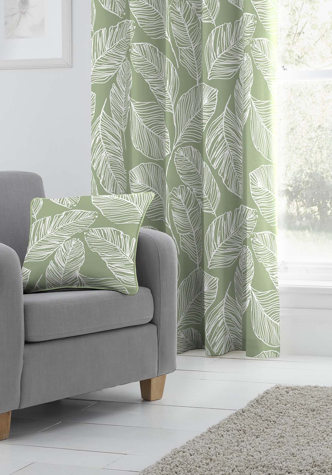 The Home Collection Leaf Ready Made Curtains - Green 2 Shaws Department Stores