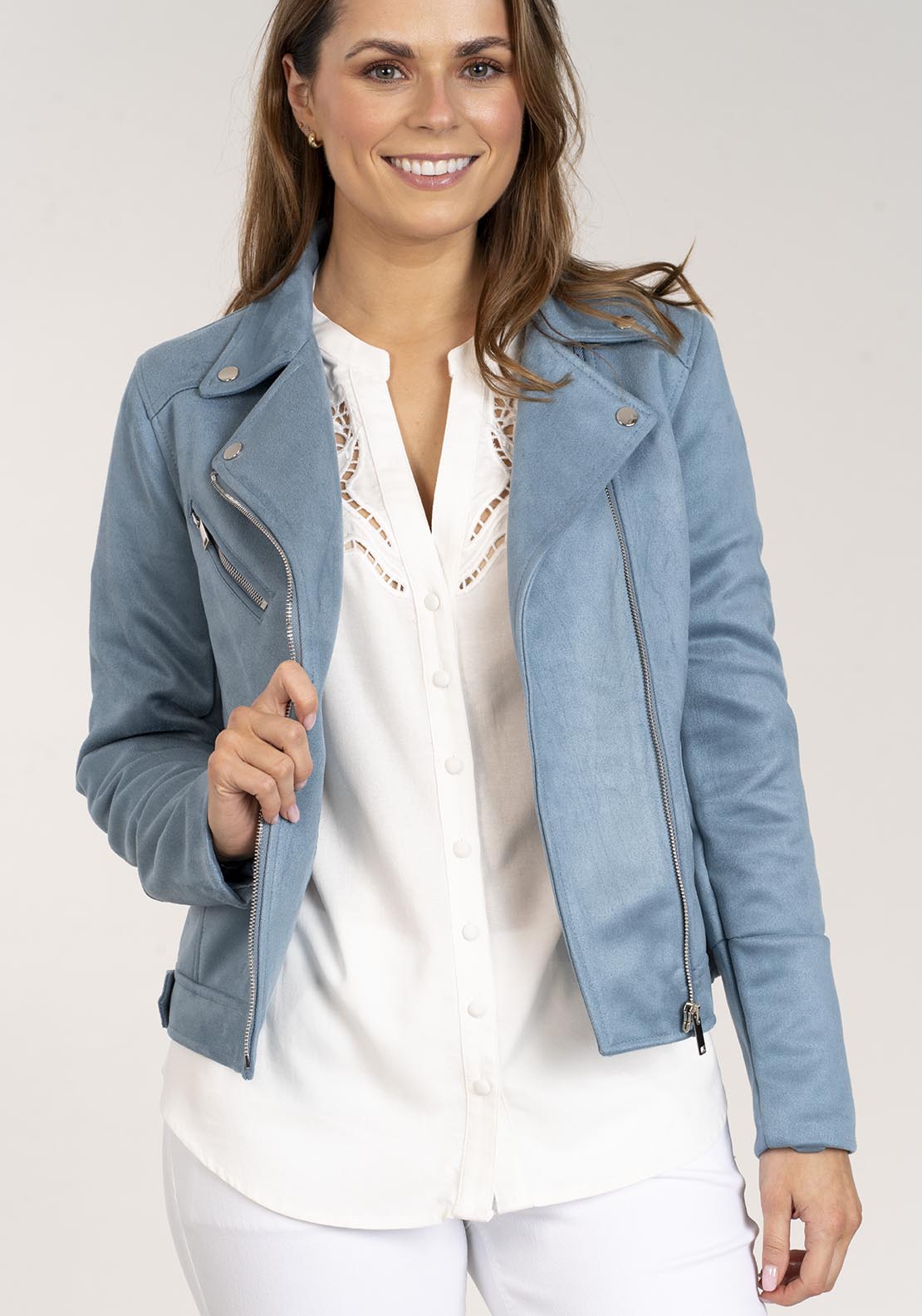 Naoise Faux Suede Jacket - Blue 3 Shaws Department Stores