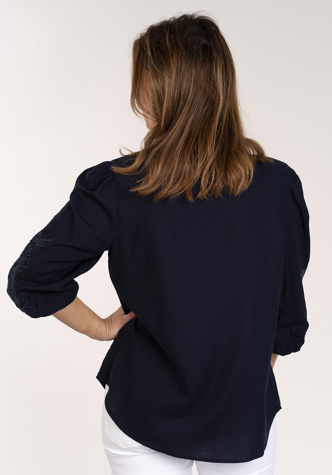 Naoise Linen Mix Embroidered Shirt - Navy 3 Shaws Department Stores