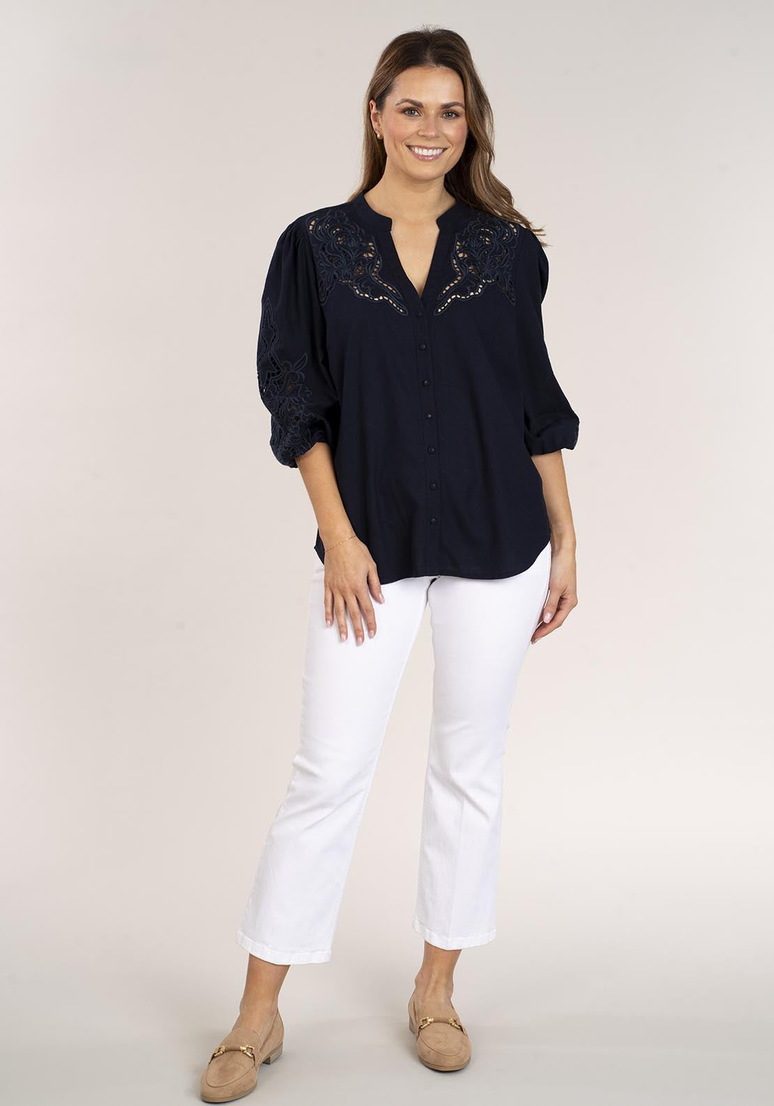 Naoise Linen Mix Embroidered Shirt - Navy 5 Shaws Department Stores
