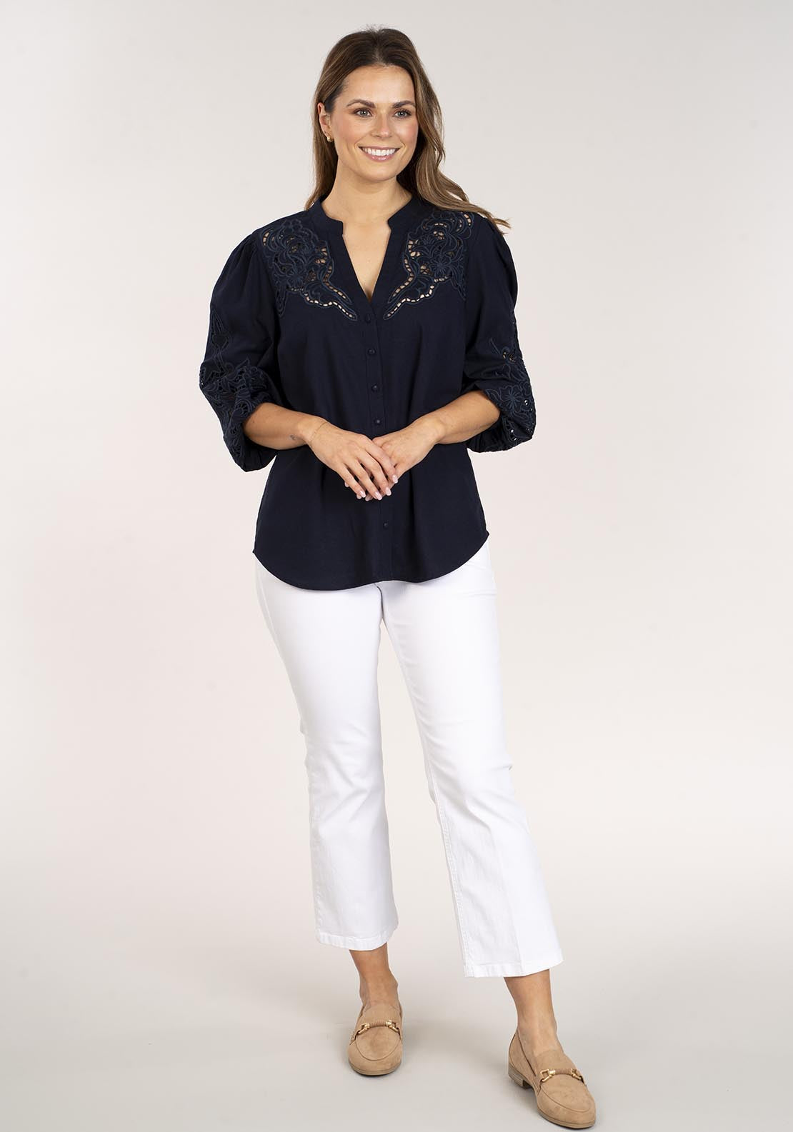 Naoise Linen Mix Embroidered Shirt - Navy 4 Shaws Department Stores